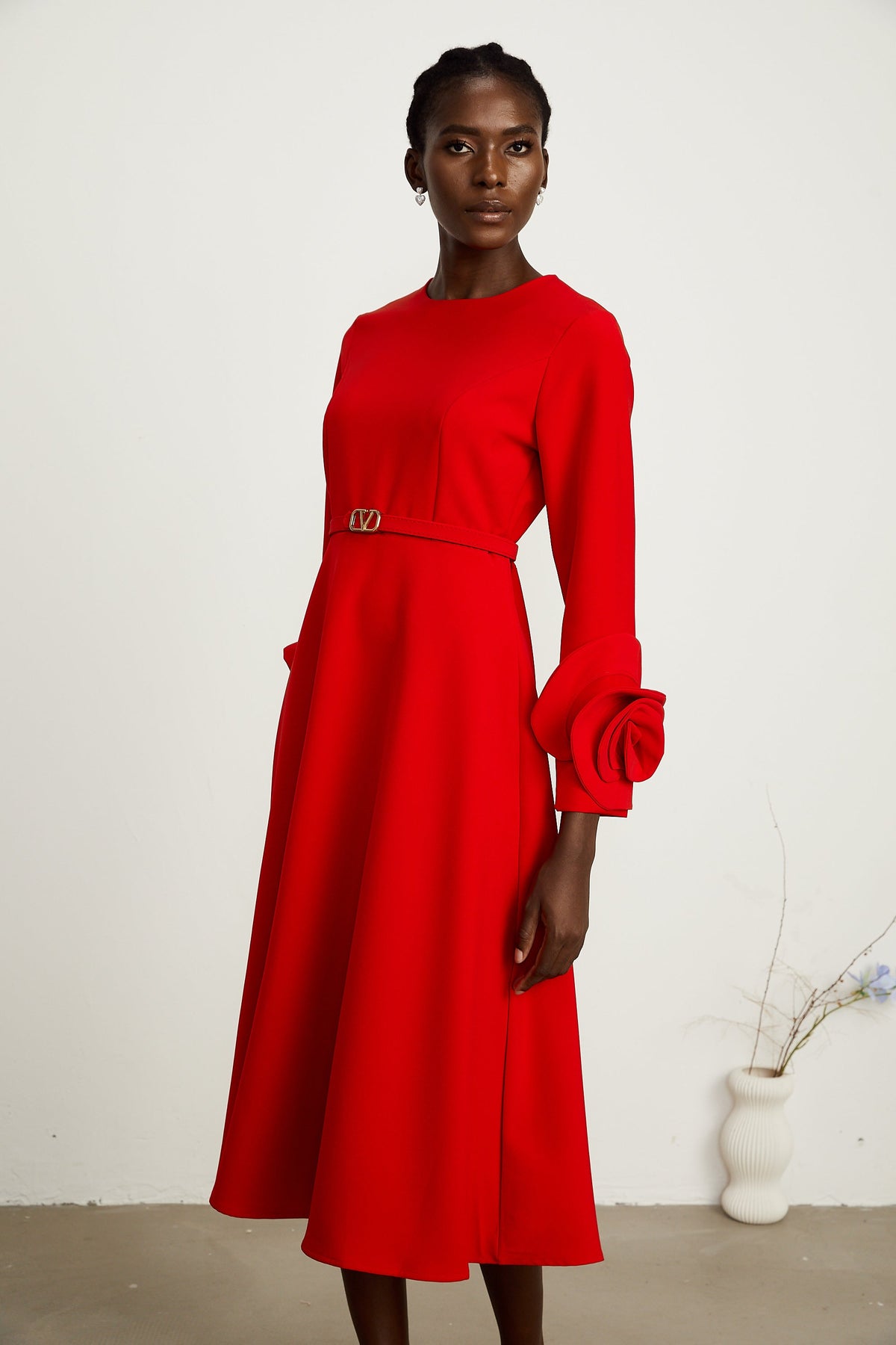 Elysia floral-embellished red long-sleeve dress