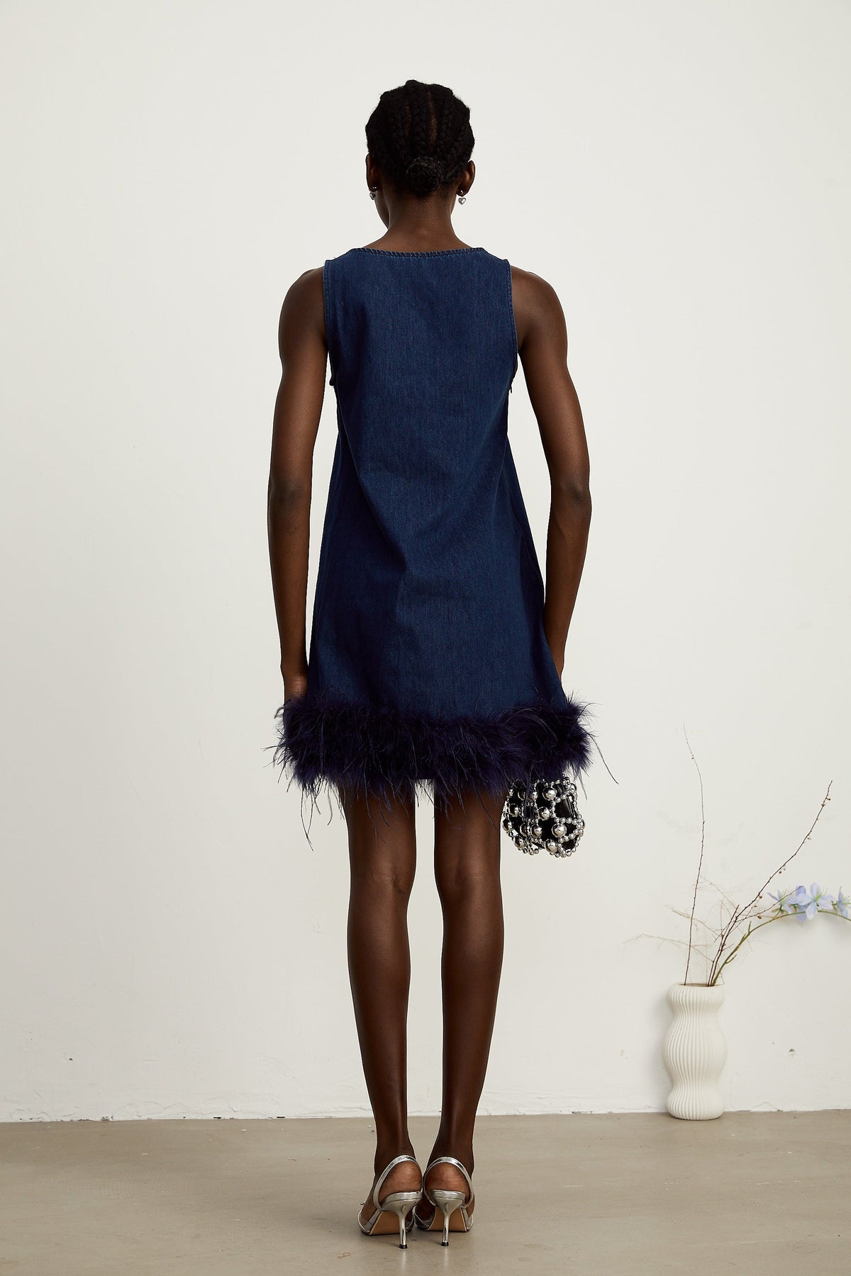 Selene blue sleeveless feather-trim denim mini dress