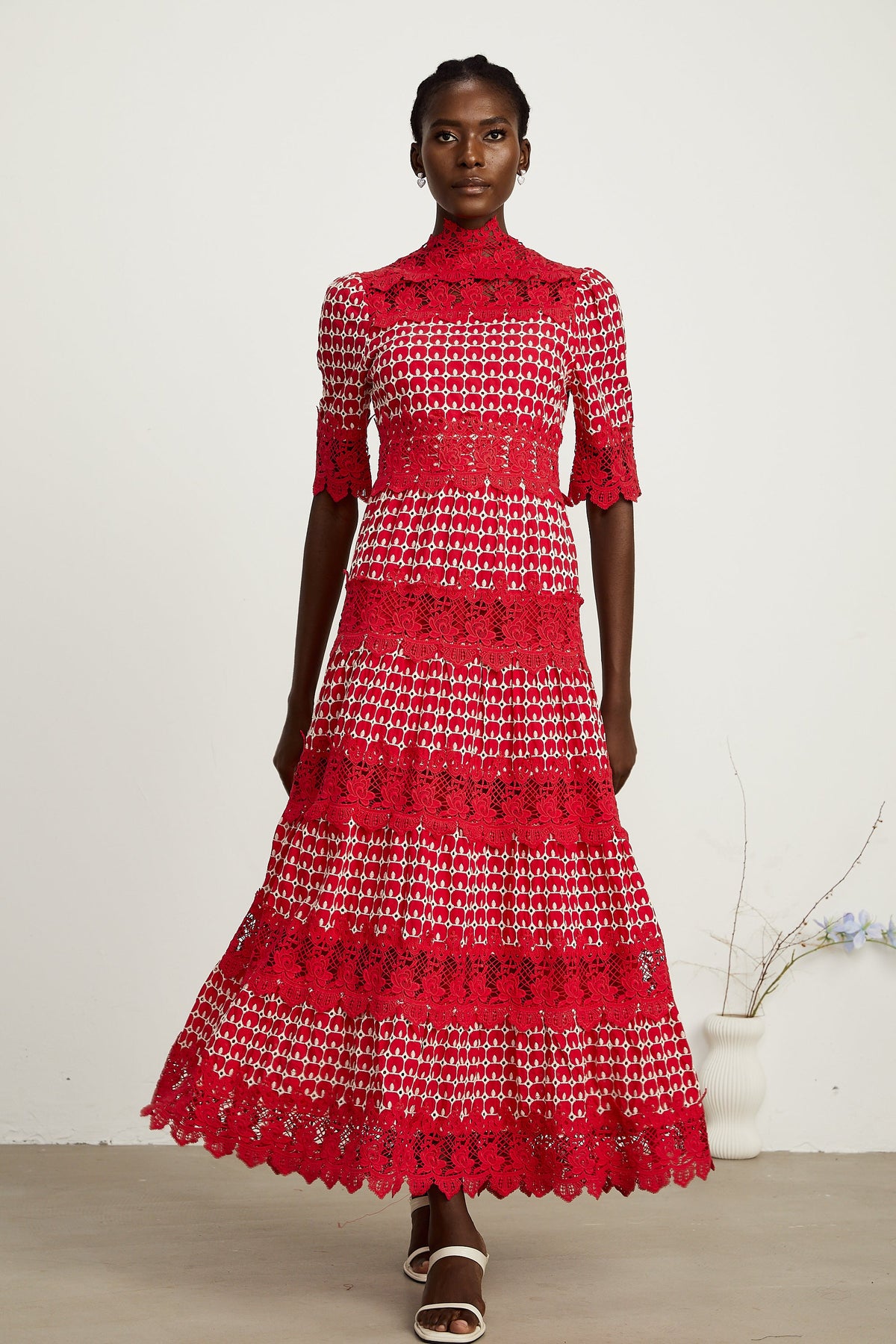 Chantal red scallop-pattern lace-panel maxi dress (Final Sale-US Only)
