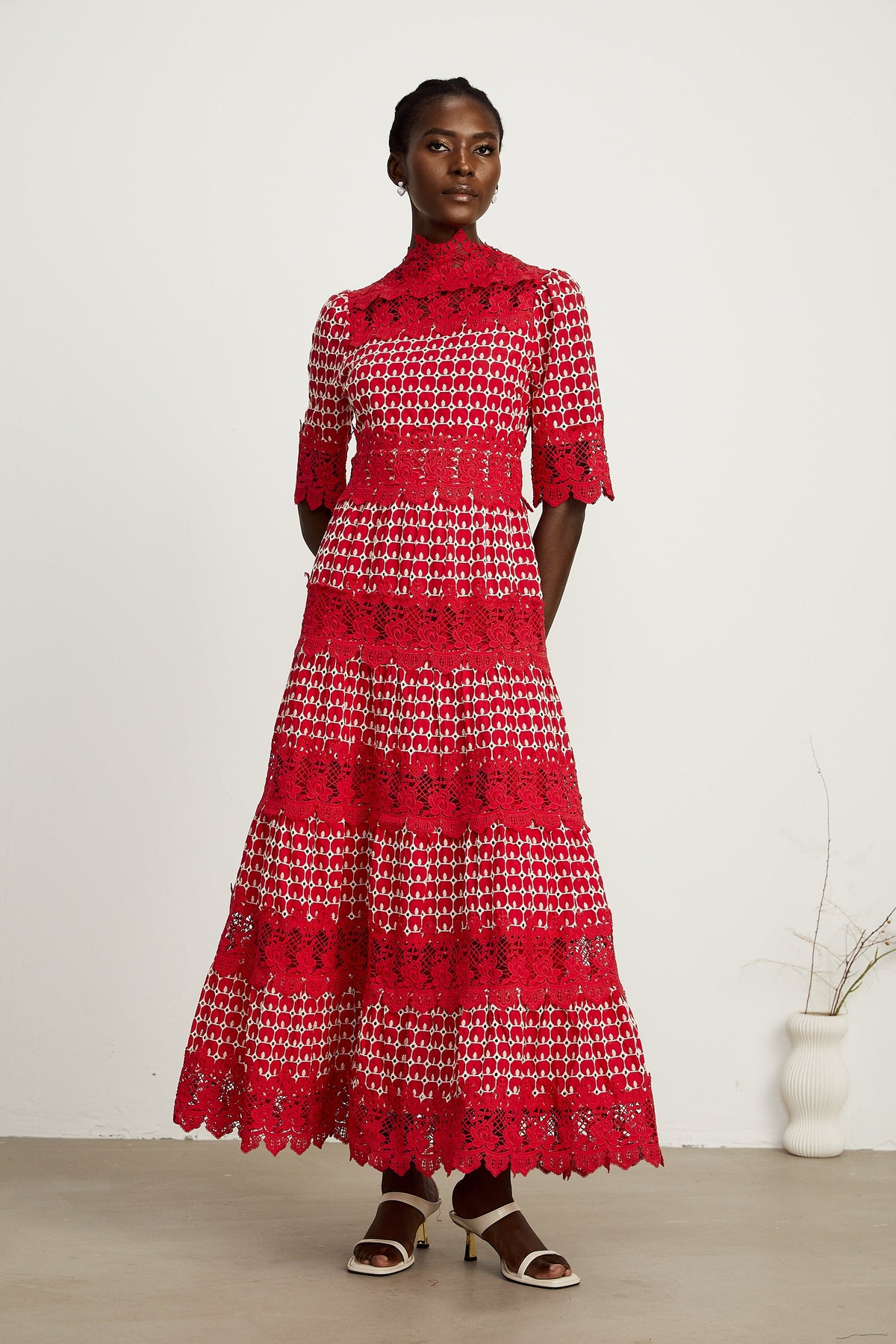 Chantal red scallop-pattern lace-panel maxi dress