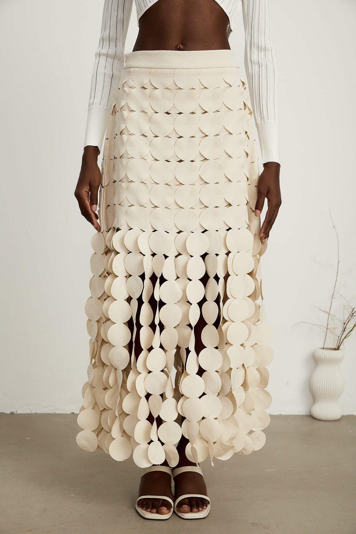 Hanna disc-design fringed maxi skirt in Neutrals