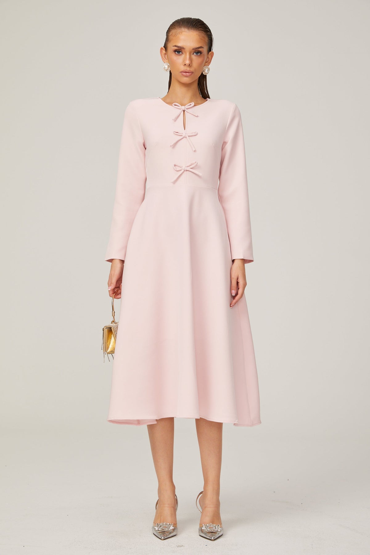Elise pink bow-detail split-neck midi dress (Final Sale-US Only)