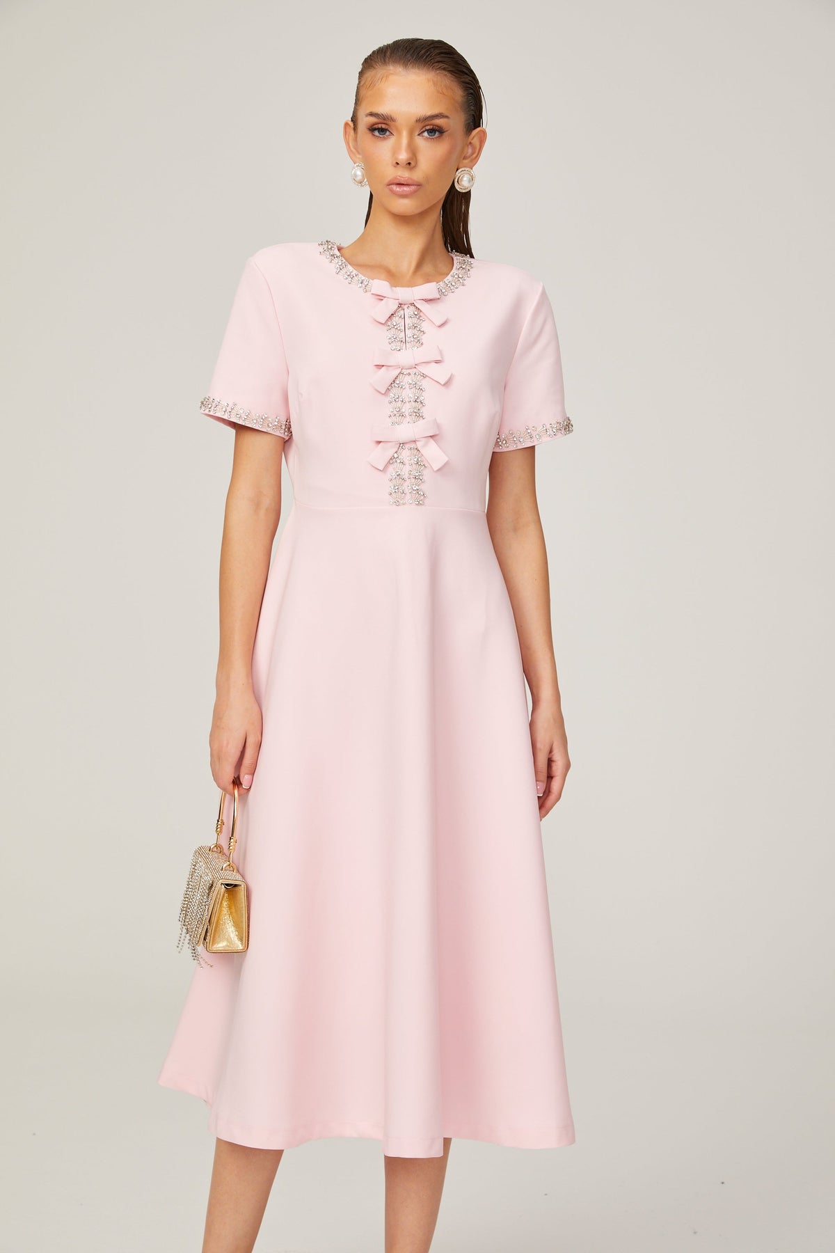Cassiopeia crystal-accented pink bow midi dress (Final Sale-US Only)