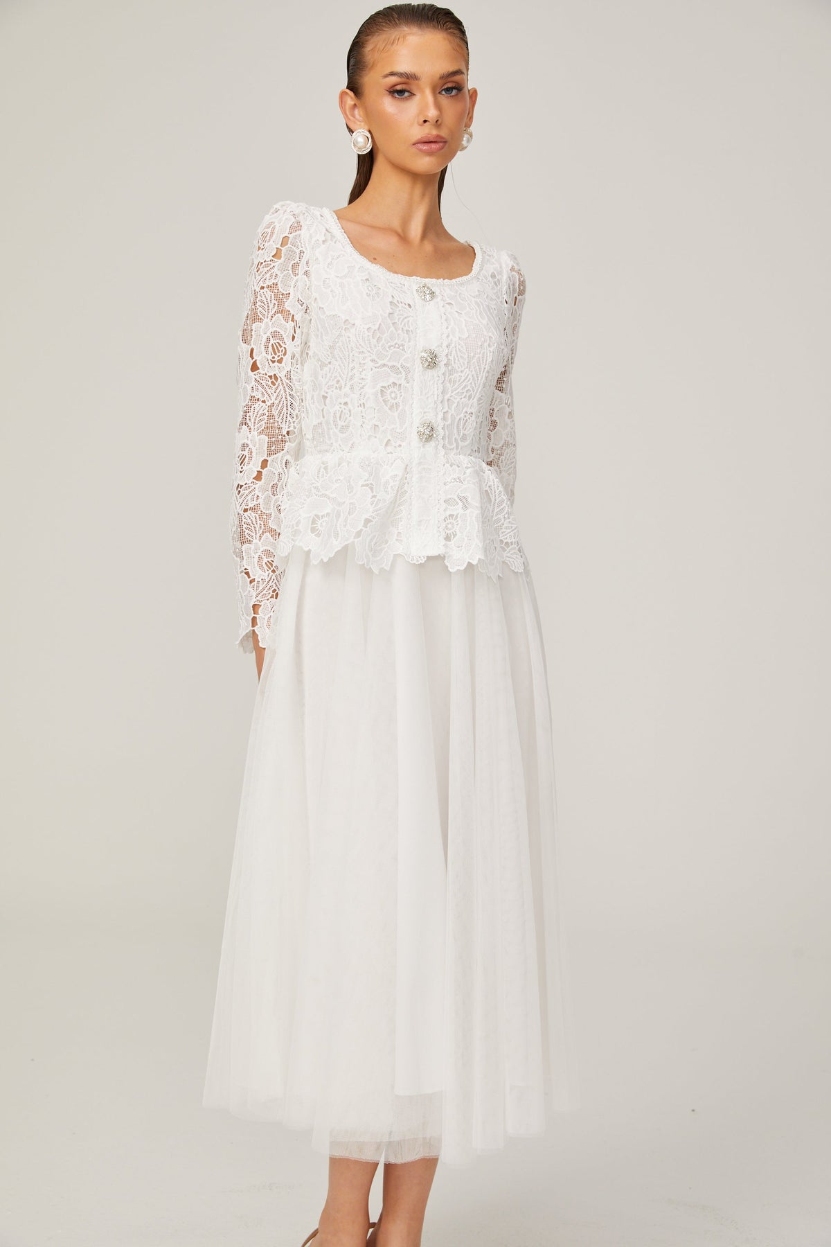 Gabrielle white peplum-waist tulle midi dress