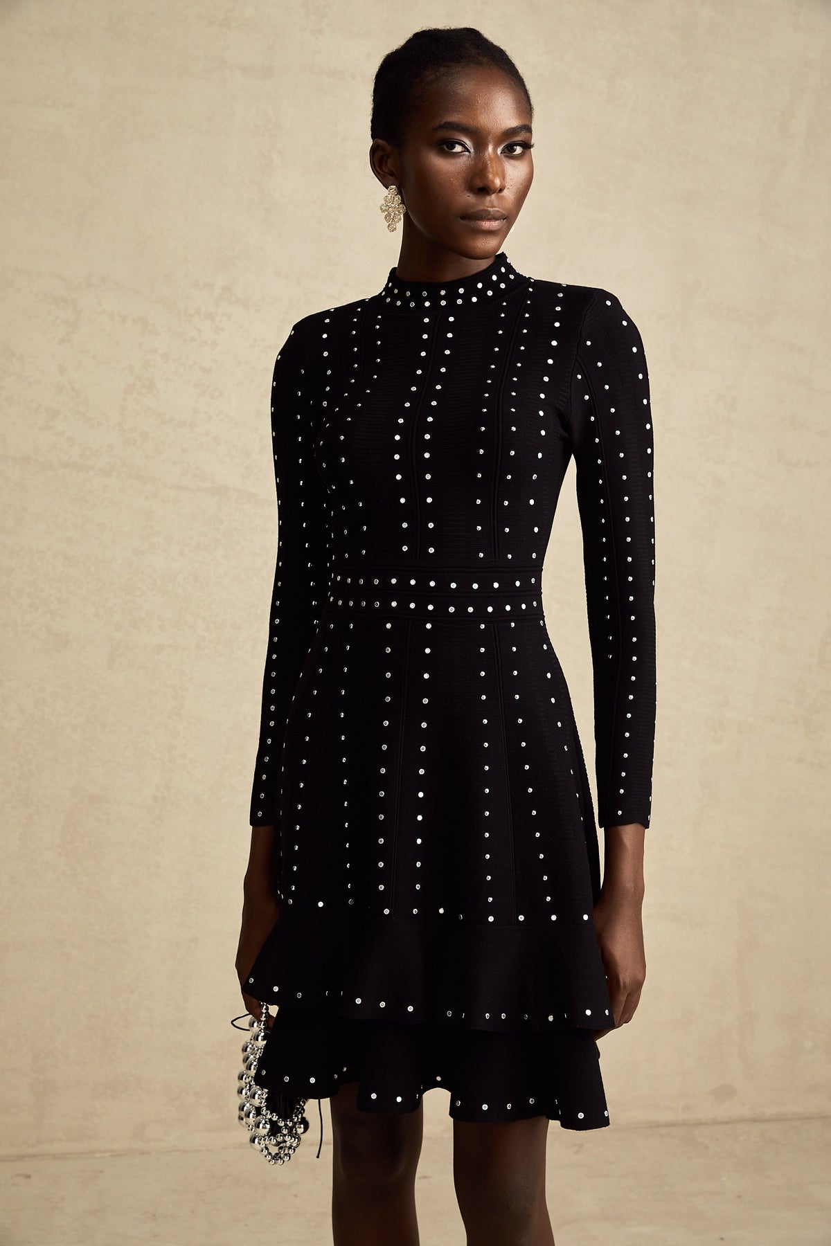 Fabienne Black Embellished Ruffled Knit Mini Dress (Final Sale)