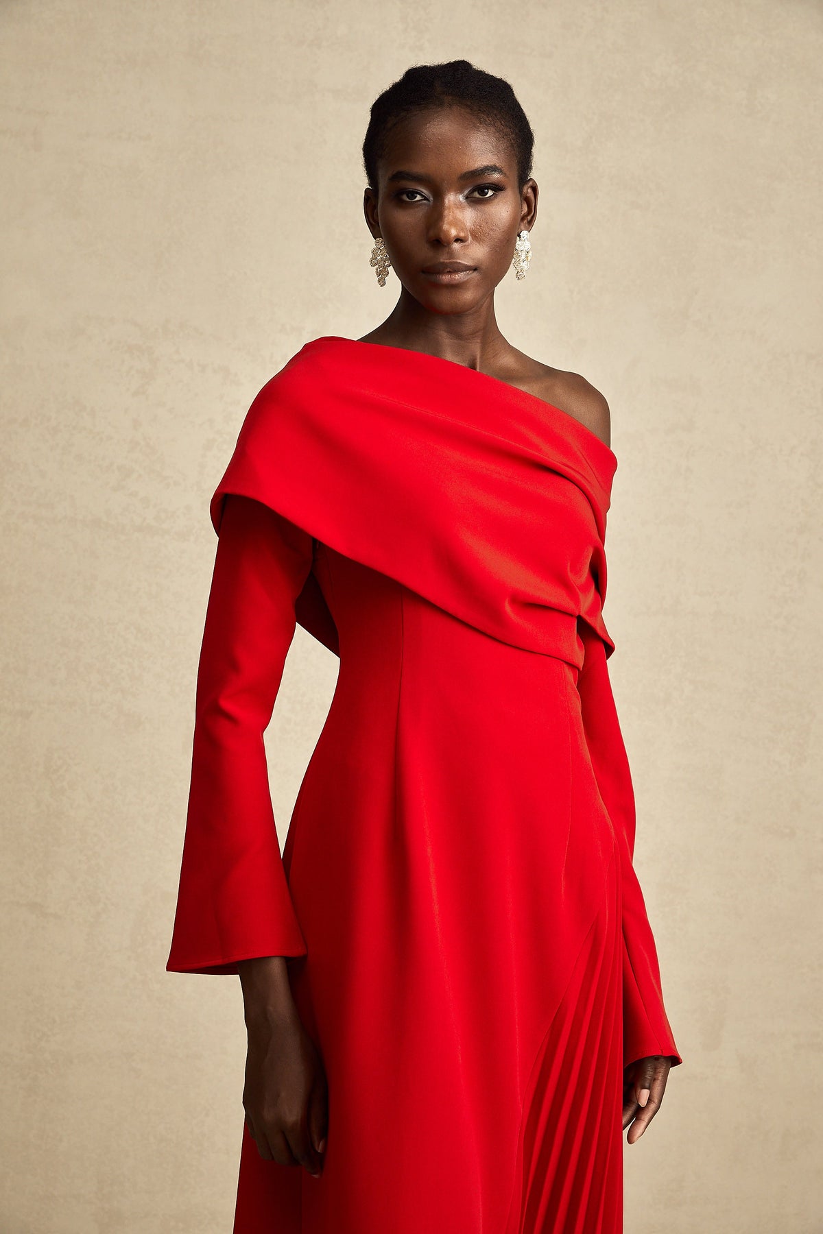 Valentine Red Pleated Maxi Dress with High Slit (Final Sale-US Only)