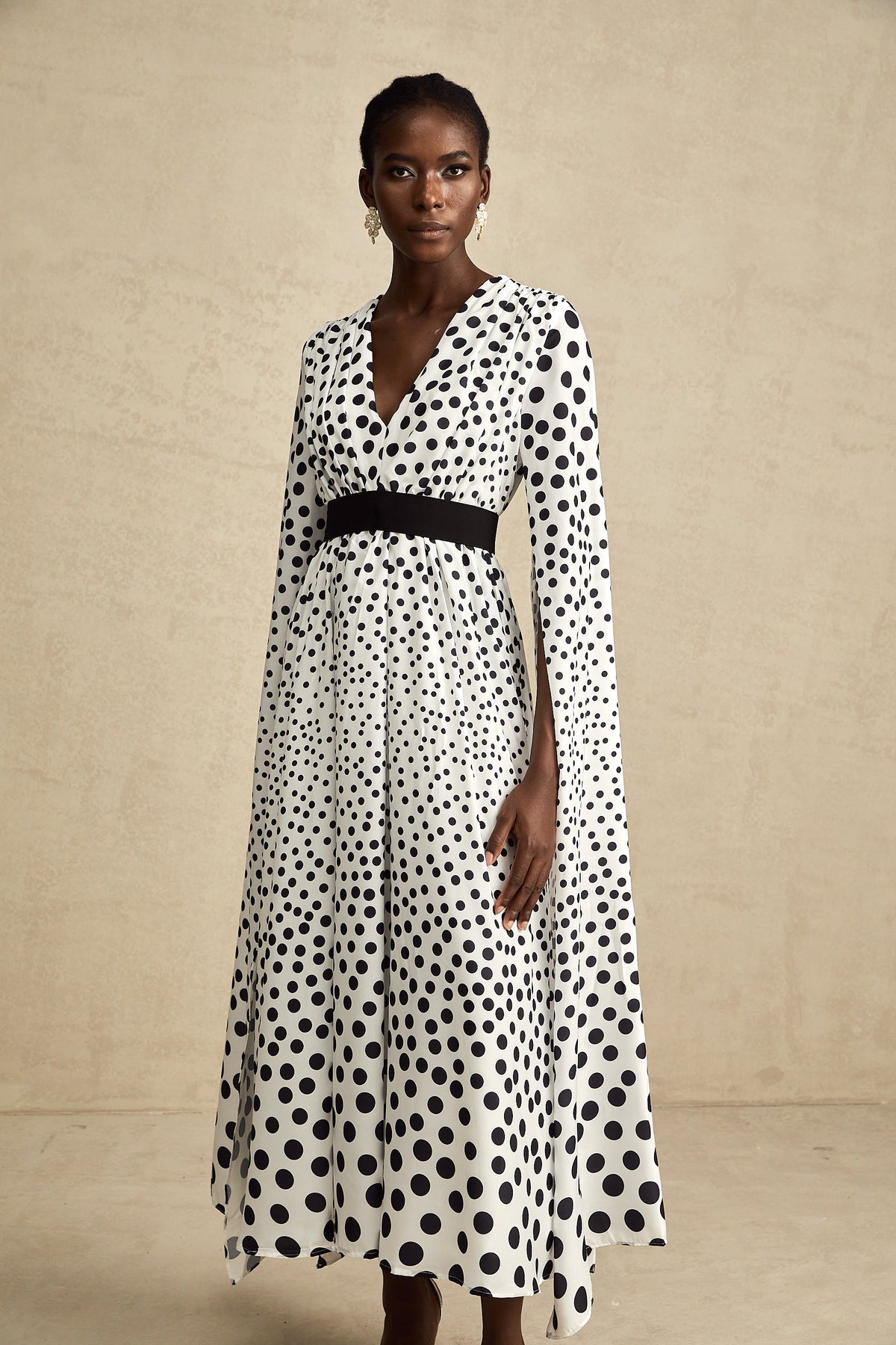 Brigitte white polka-dot slit-sleeve midi dress