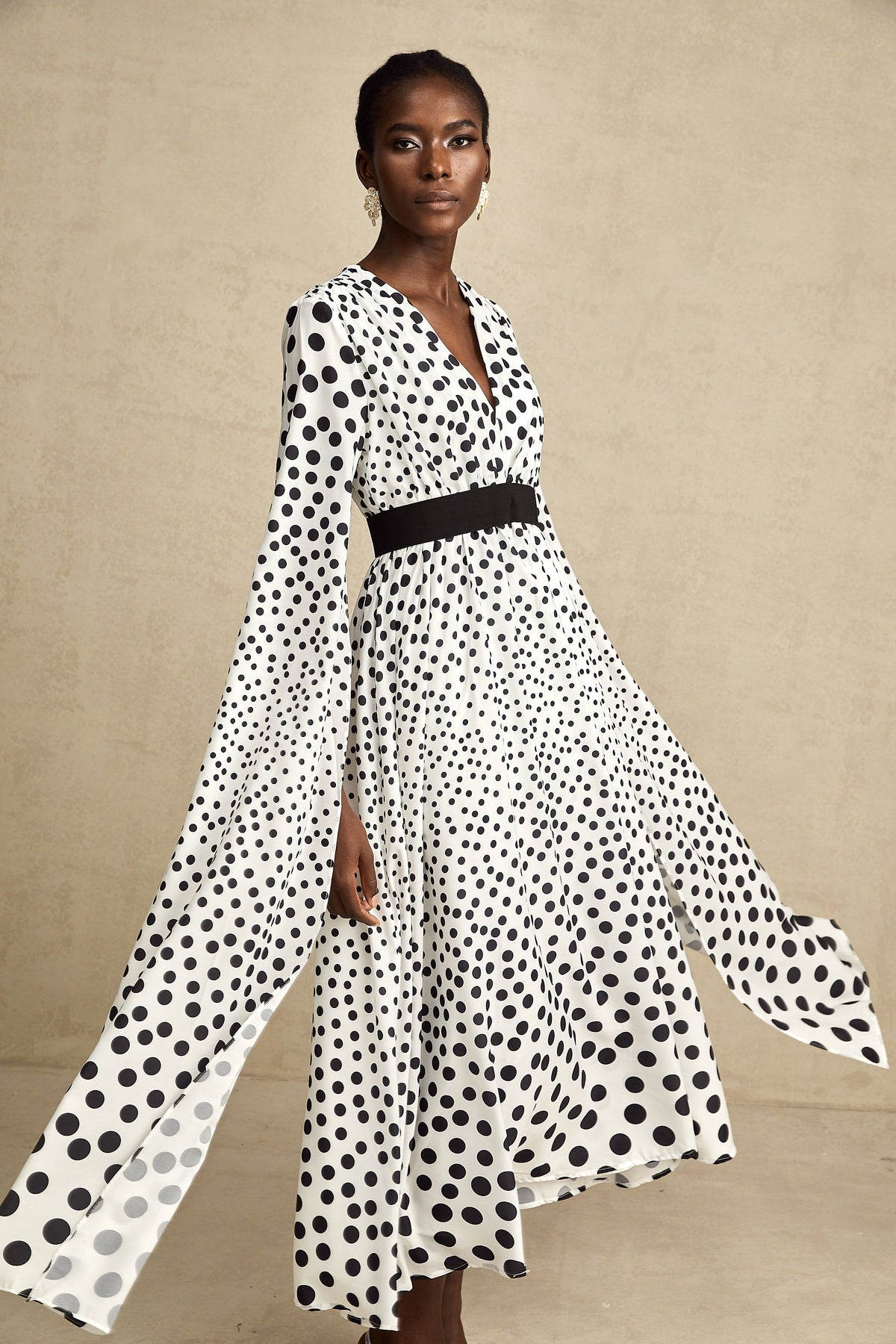 Brigitte white polka-dot slit-sleeve midi dress