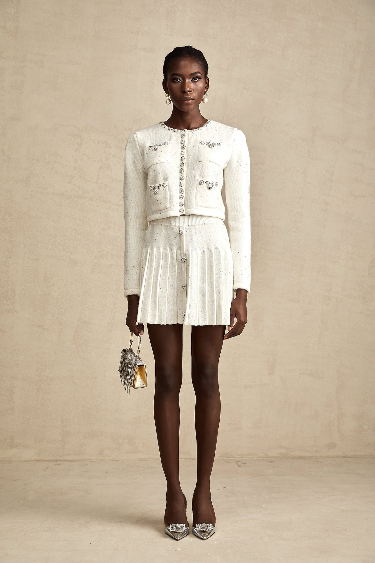Fabienne white embellished jacket & skirt matching set