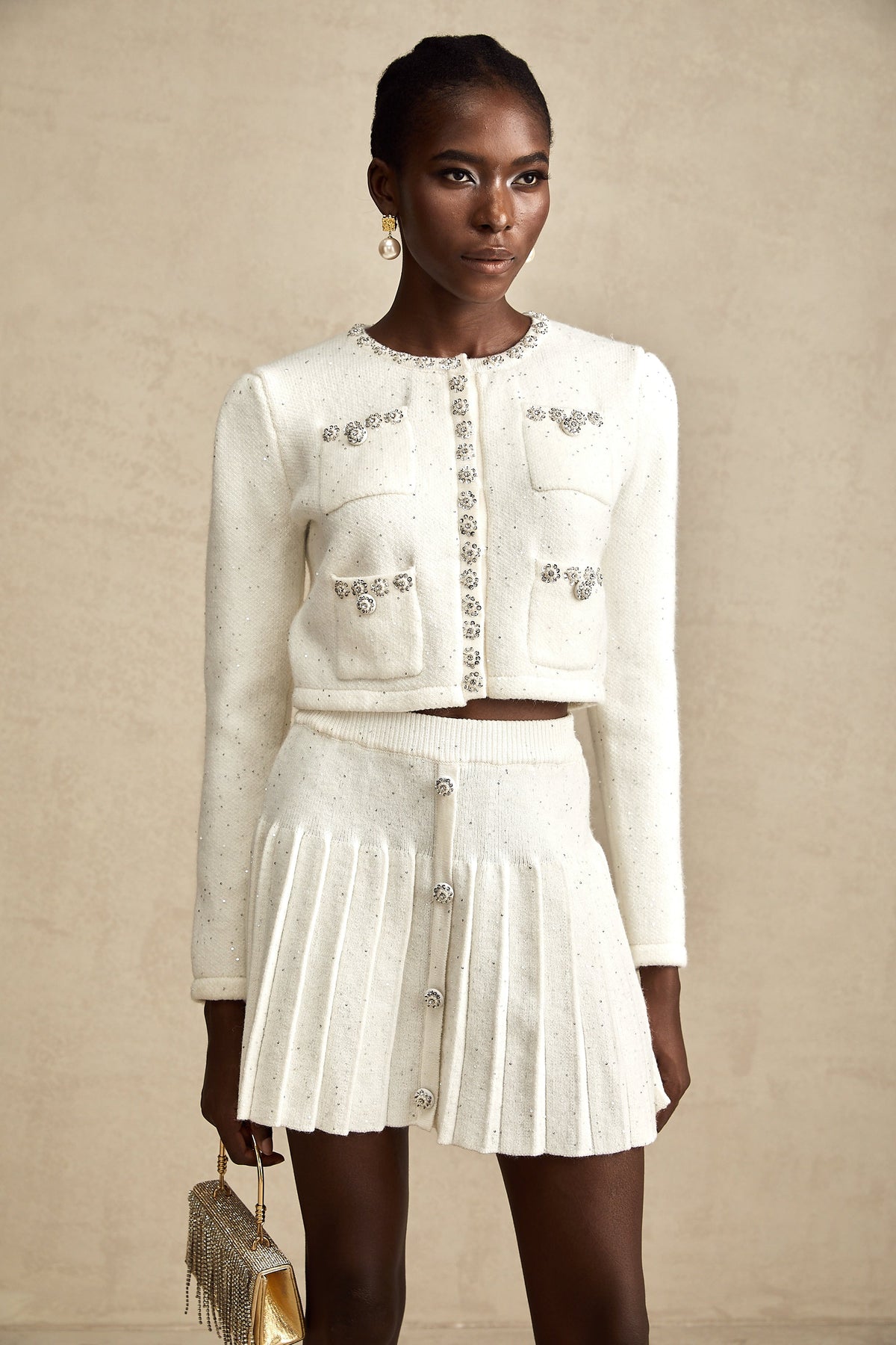 Fabienne white embellished jacket & skirt matching set