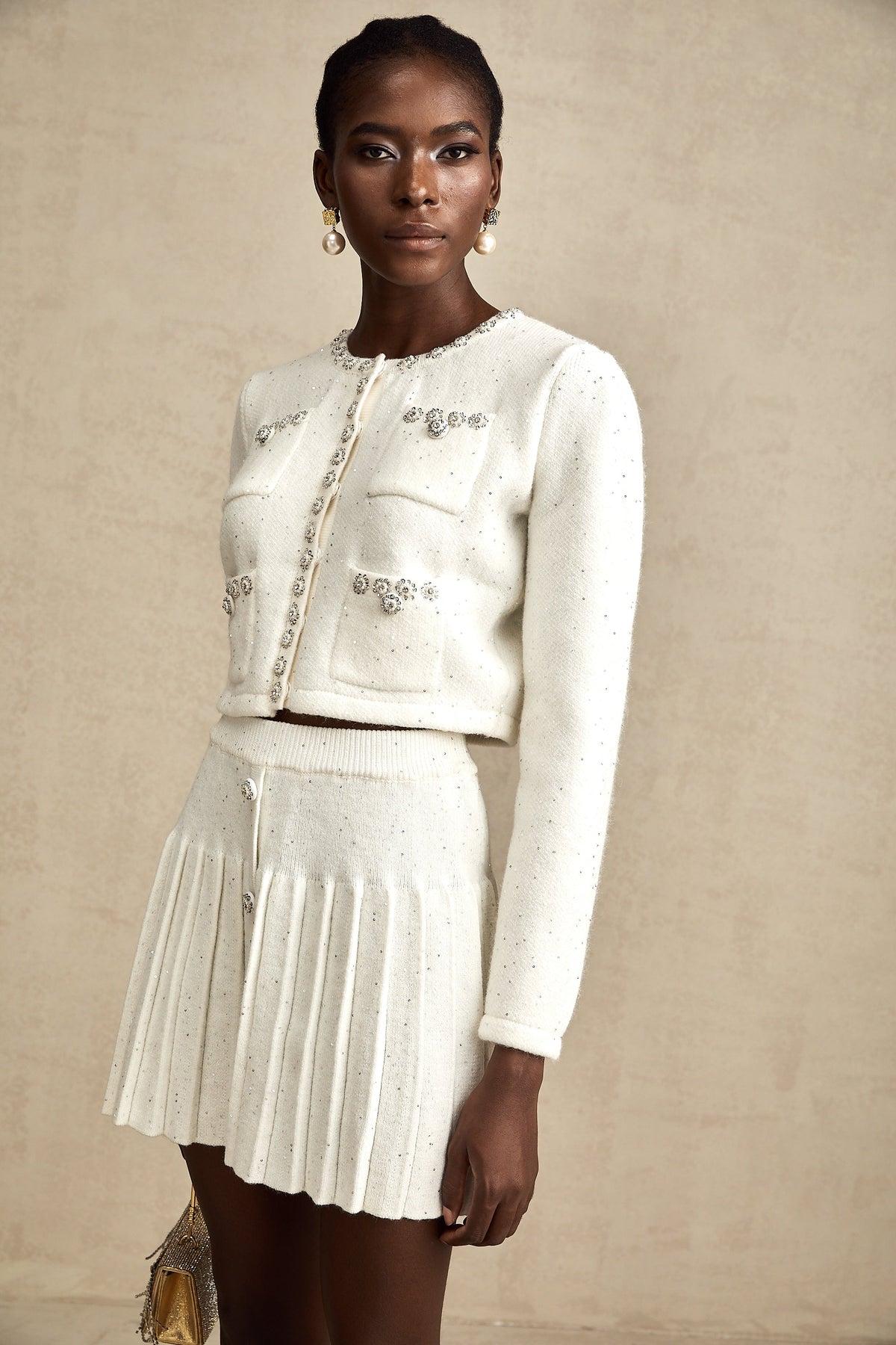 Fabienne white embellished jacket & skirt matching set