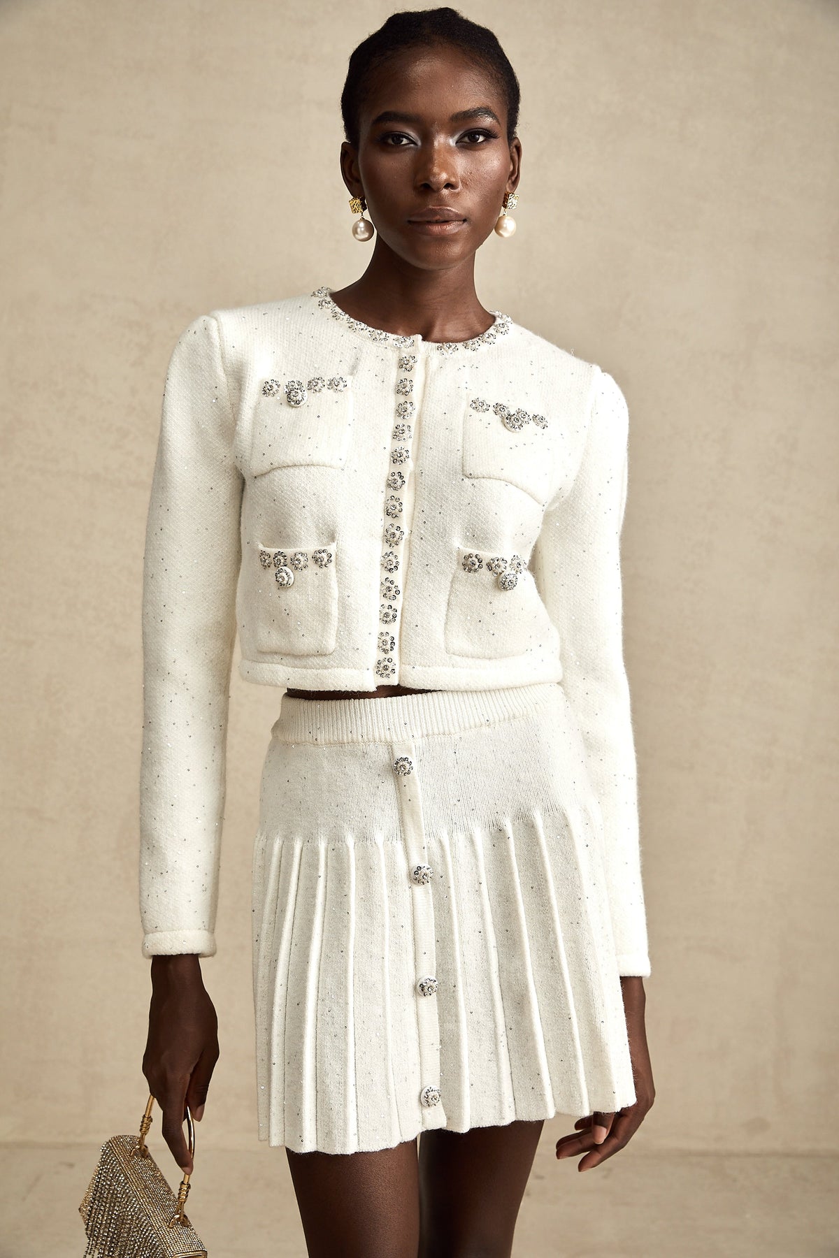 Fabienne white embellished jacket & skirt matching set