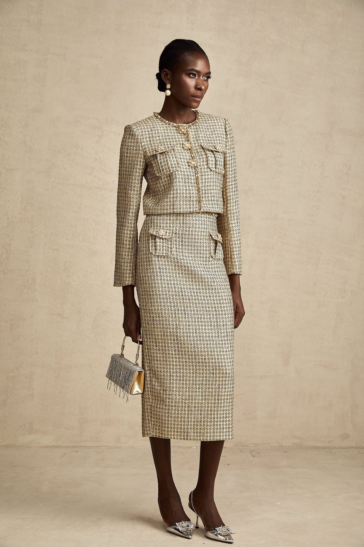 Aëlle gold tweed sequin jacket & skirt matching set