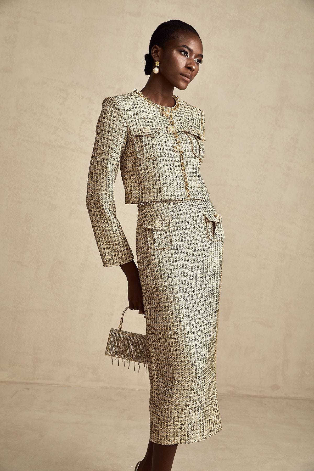 Aëlle gold tweed sequin jacket & skirt matching set