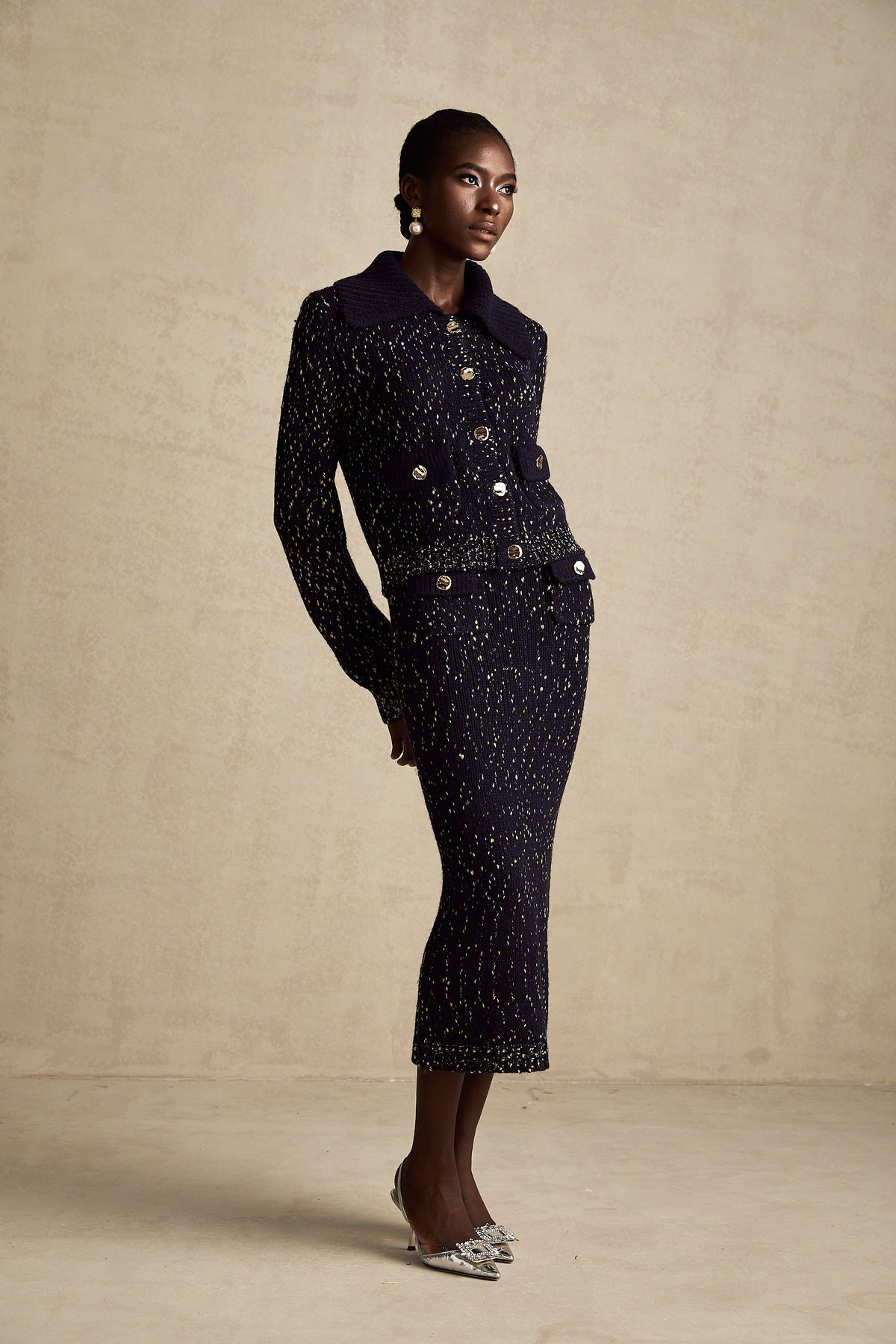 Claudine navy crochet-knit jacket & skirt matching set