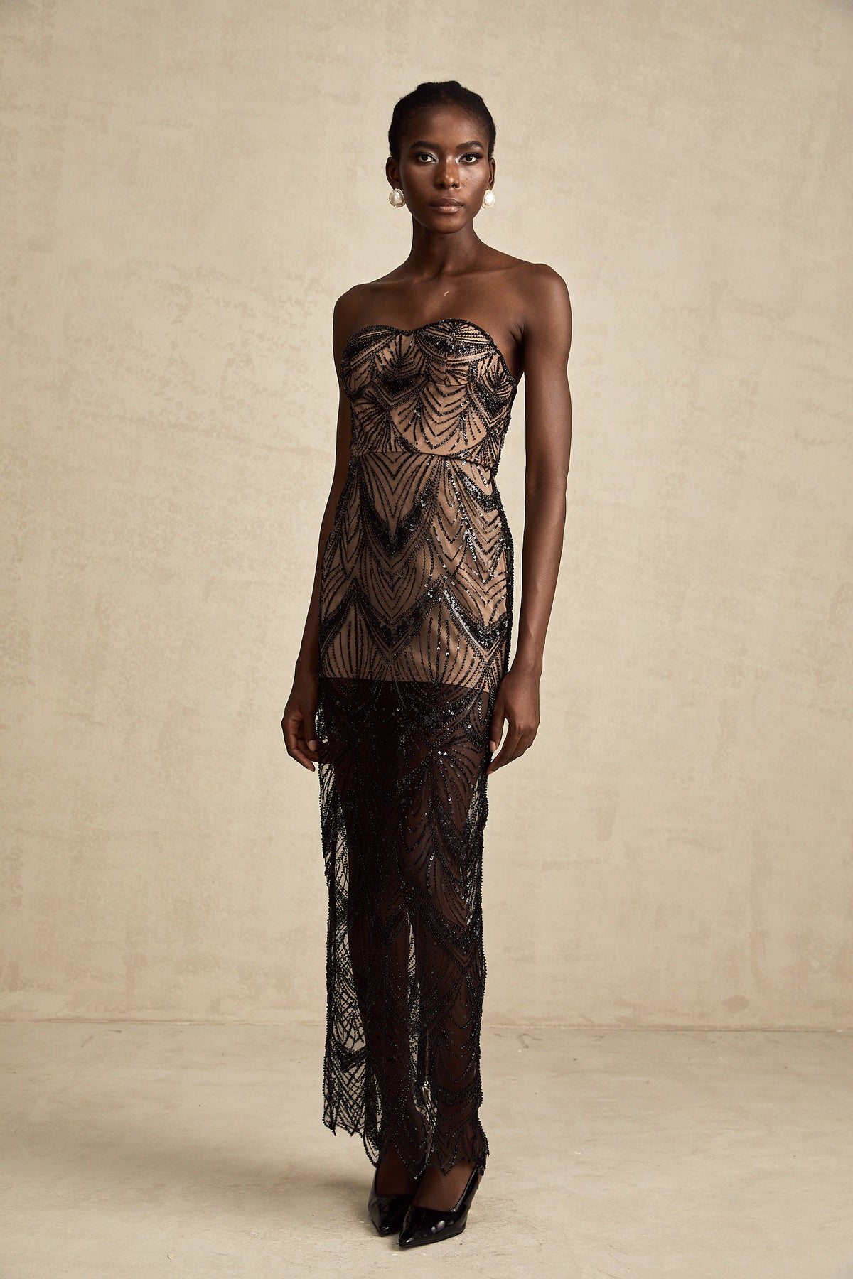 Frédérique black sequinned corset mesh maxi dress