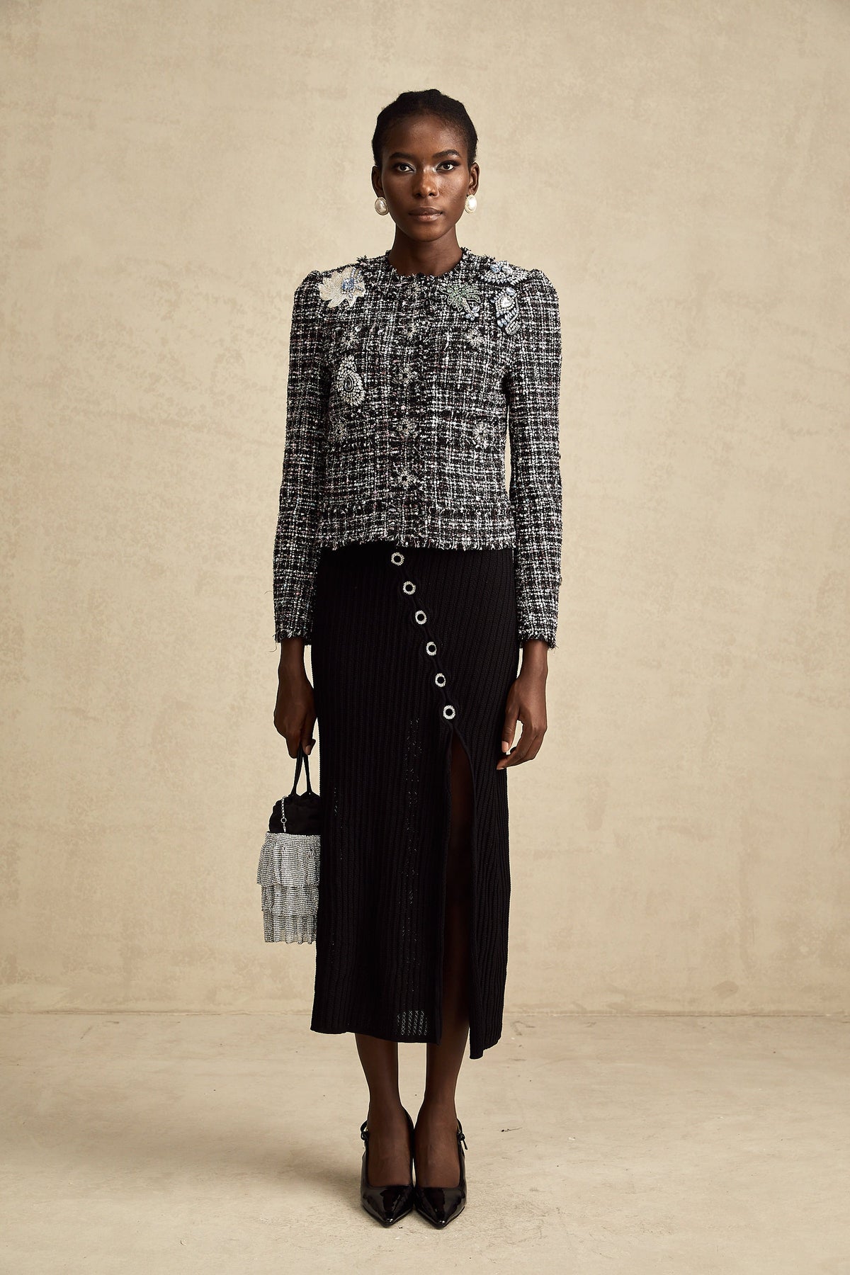 Justine black frayed-edge checked tweed jacket