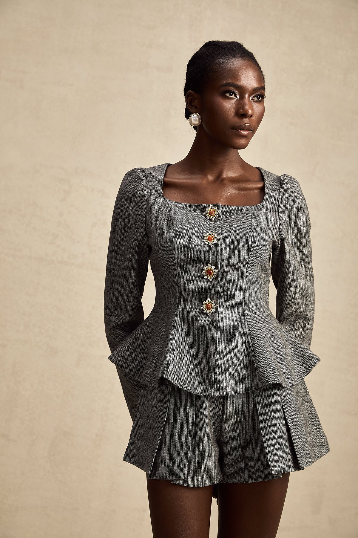 Agathe grey herringbone top & shorts matching set (Final Sale)