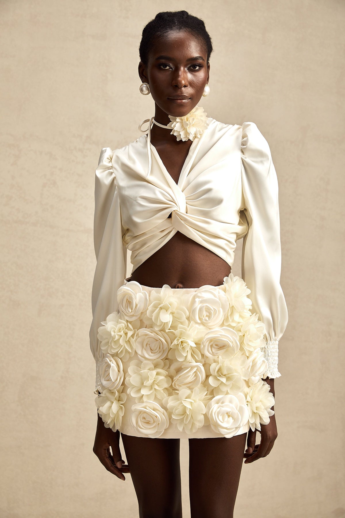 Nouria white faux-flower twist cropped top (Final Sale-US Only)