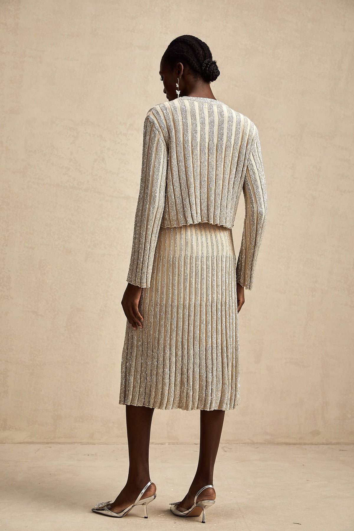 Aurore champagne stripe knit top & skirt matching set