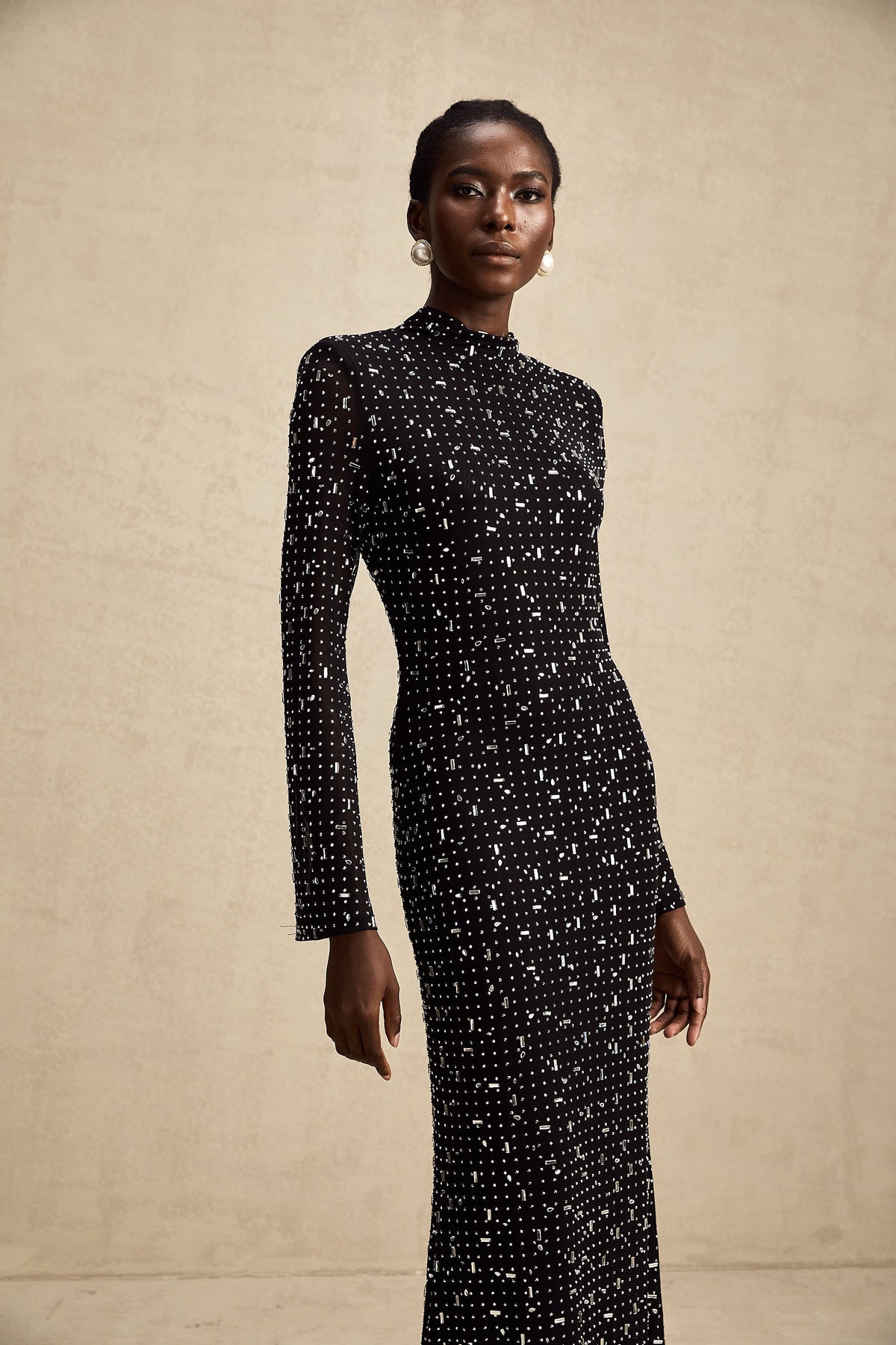 Léna black embellished semi-sheer maxi dress (Final Sale)
