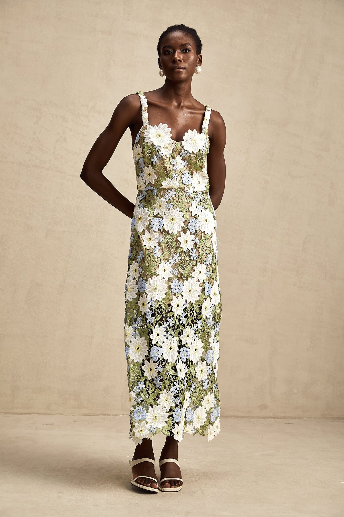 Carla floral embroidered hollow-carved midi dress (Final Sale)
