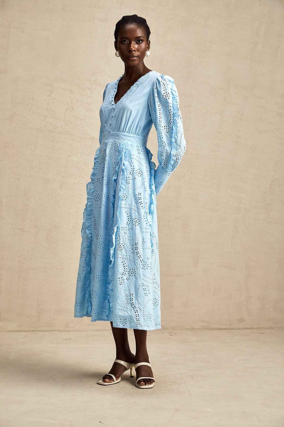 Raphaëlle blue open-work ruffled midi dress
