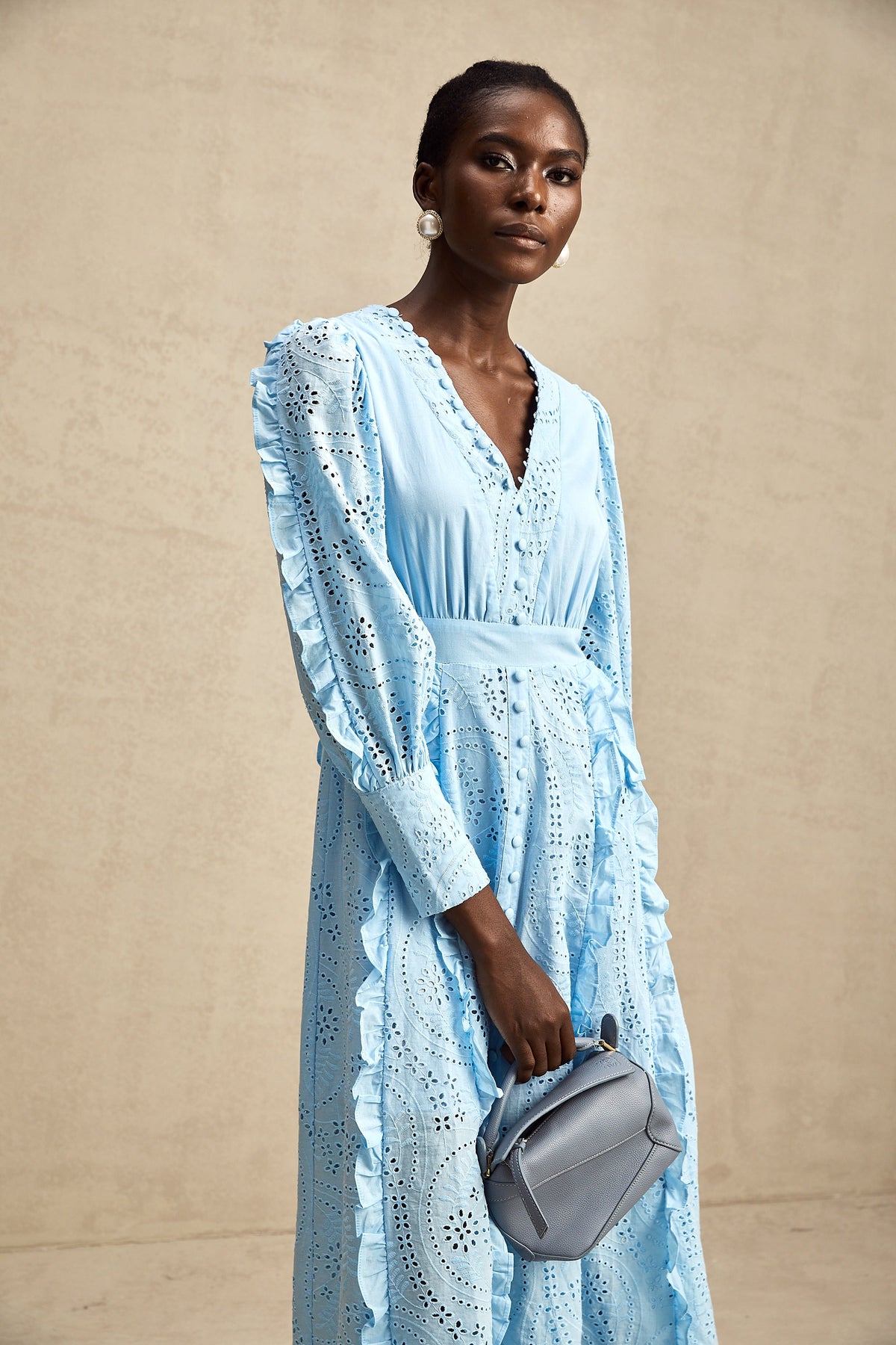 Raphaëlle blue open-work ruffled midi dress