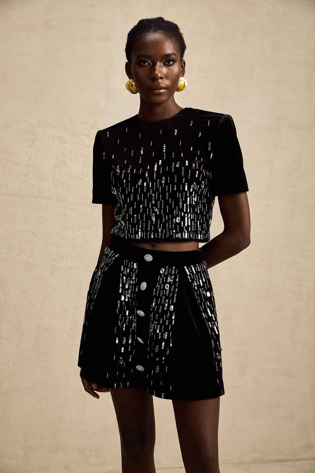 Isabeau black velvet embellished top & skirt matching set