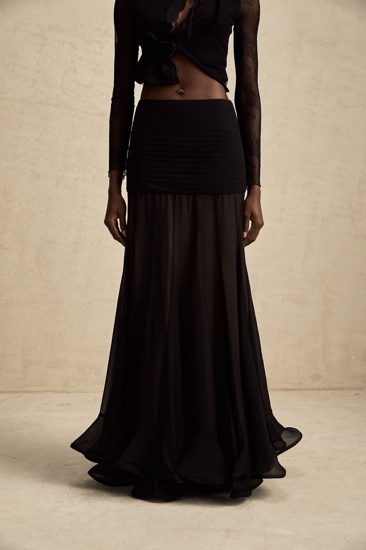 Jacqueline rayon ruffle pleated tulle maxi skirt