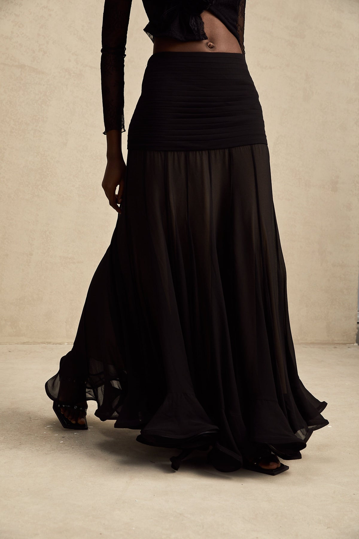 Jacqueline rayon ruffle pleated tulle maxi skirt