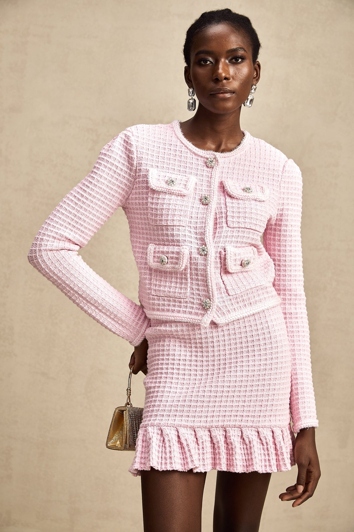 Fabienne pink waffle-knit jacket & skirt matching set (Final Sale)