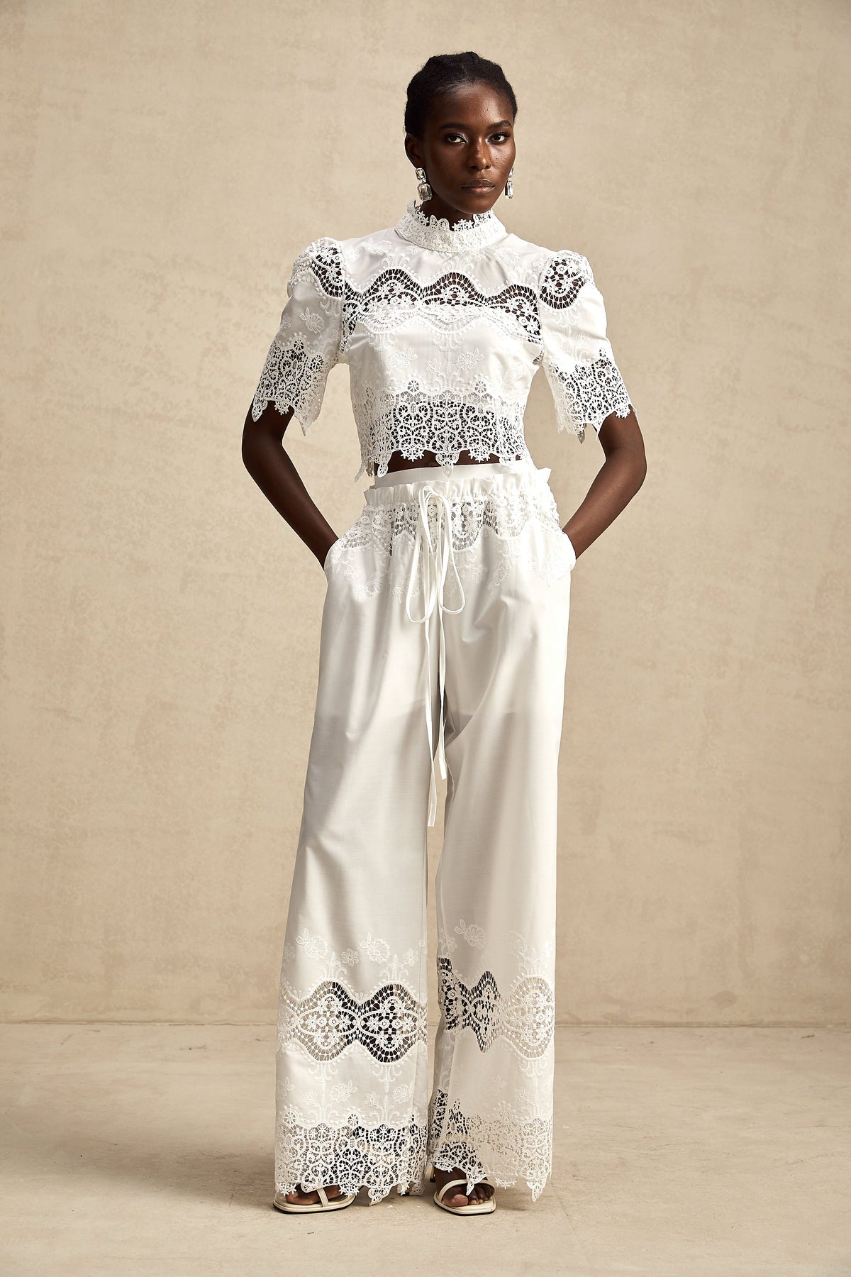Raphaëlle lace-trim cut-out cropped top & trousers matching set (Final Sale)
