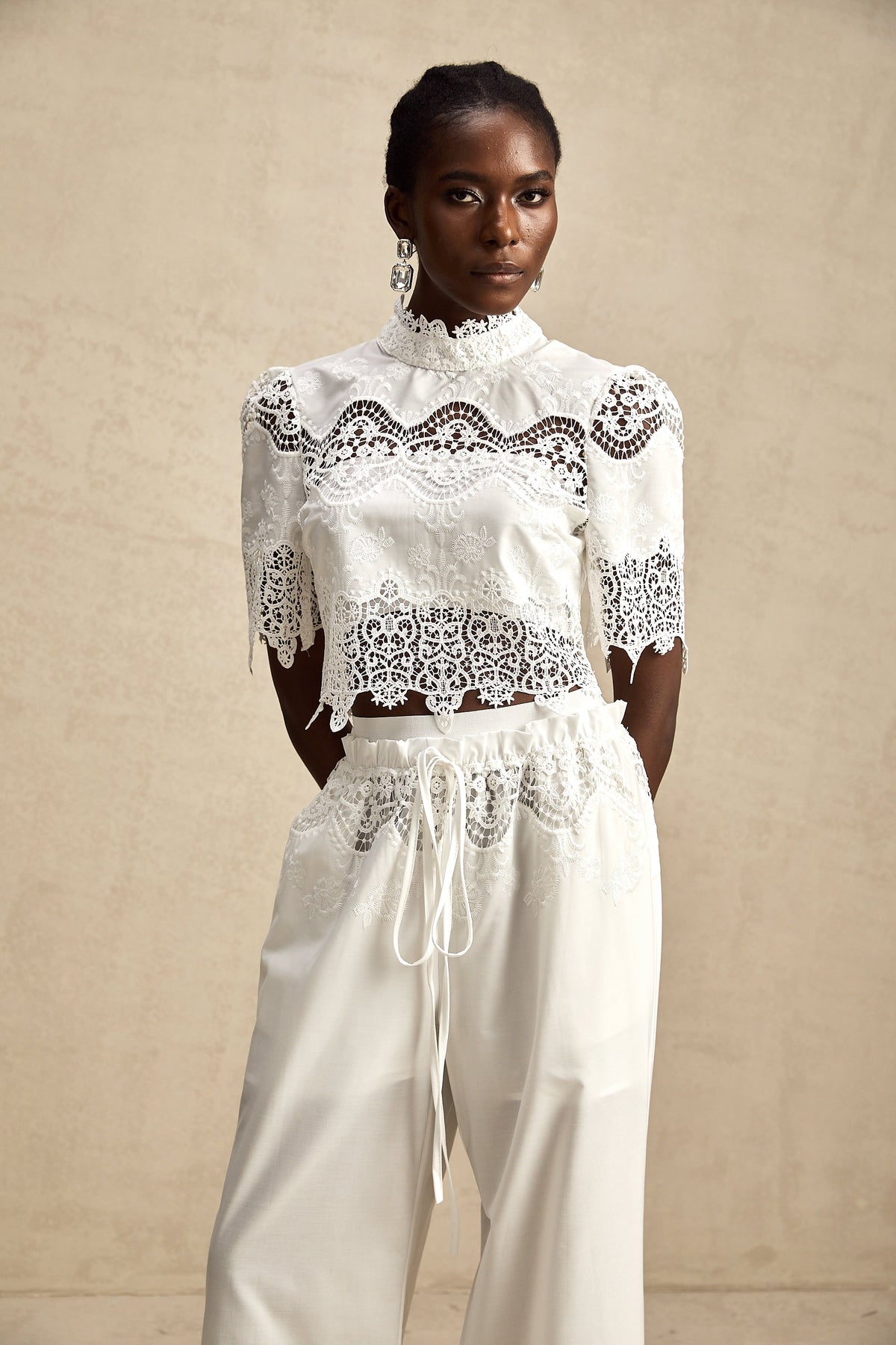 Raphaëlle lace-trim cut-out cropped top & trousers matching set (Final Sale)