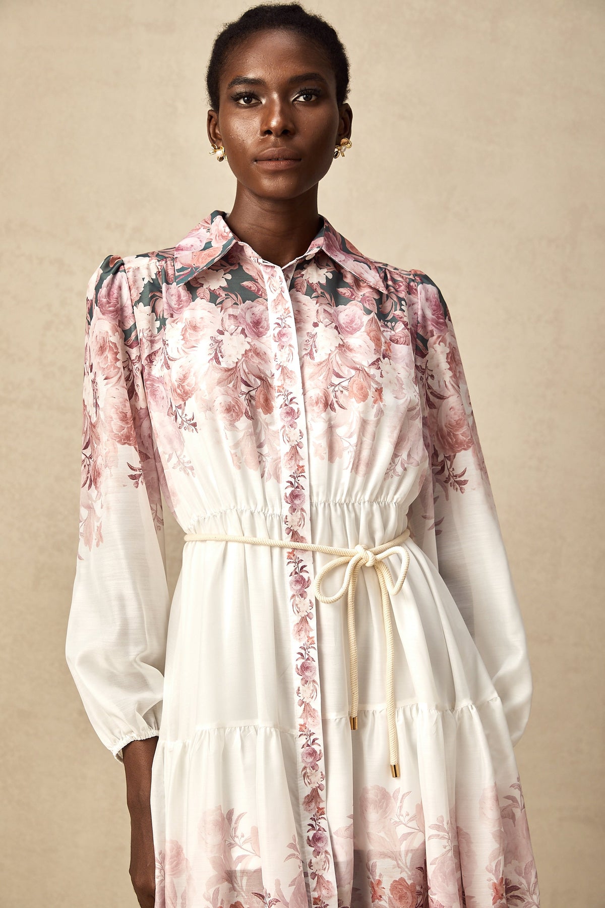 Carina floral-print lantern-sleeve midi dress