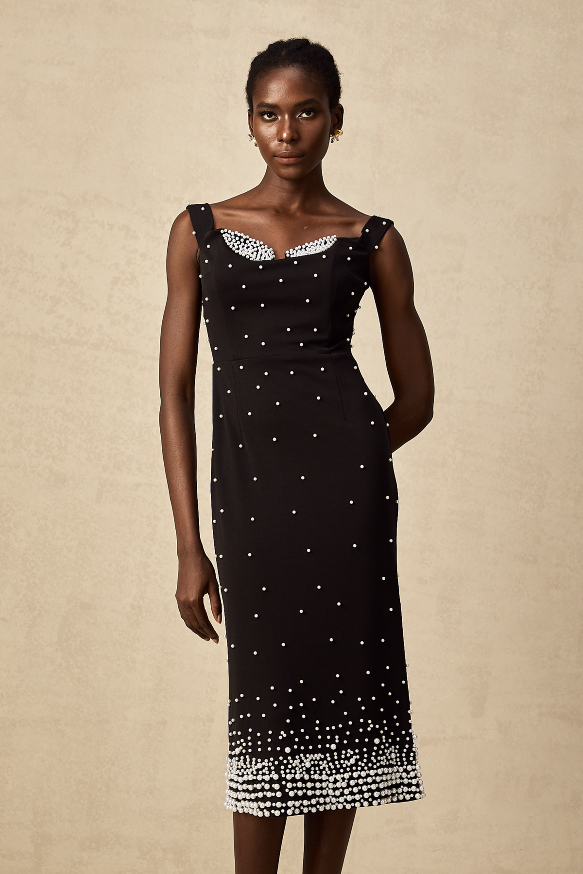 Apolline black faux-pearl embellished midi dress
