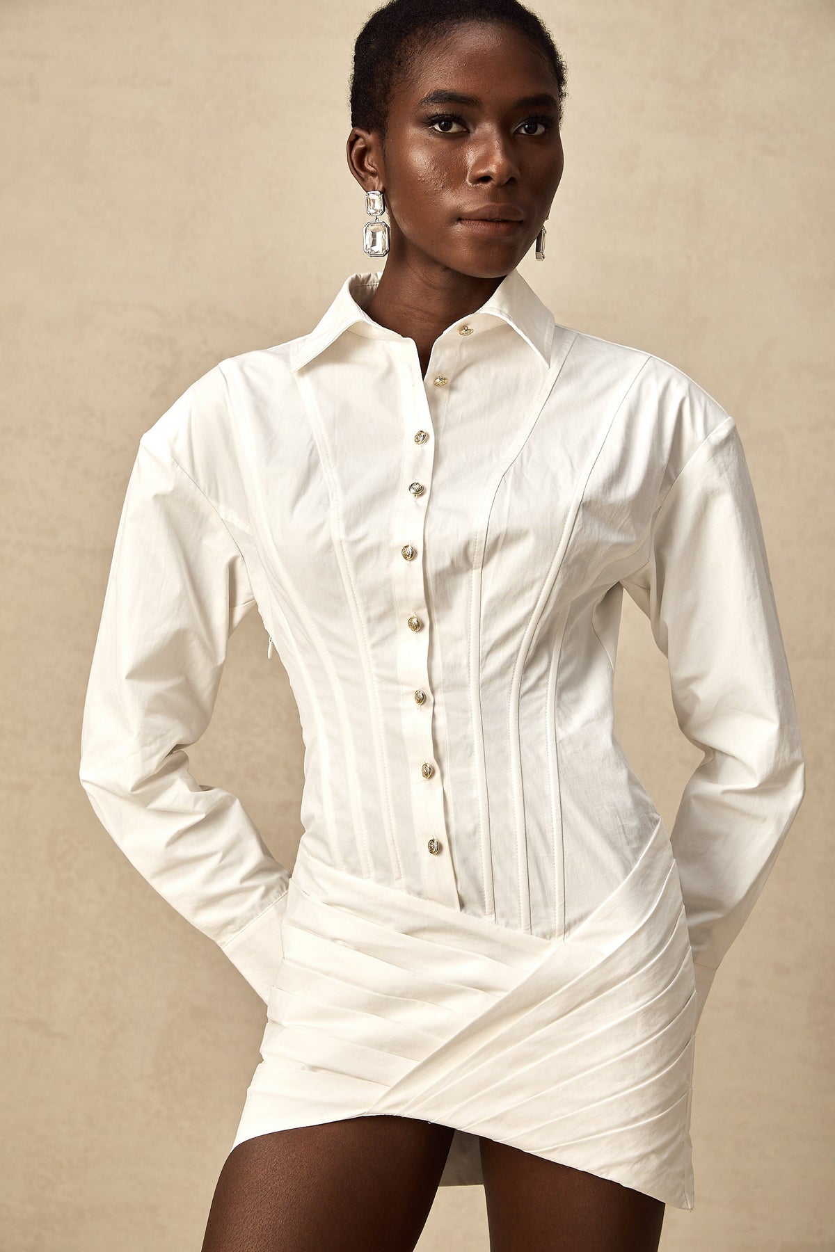 Orlane white cinched-waist pleated mini shirt dress