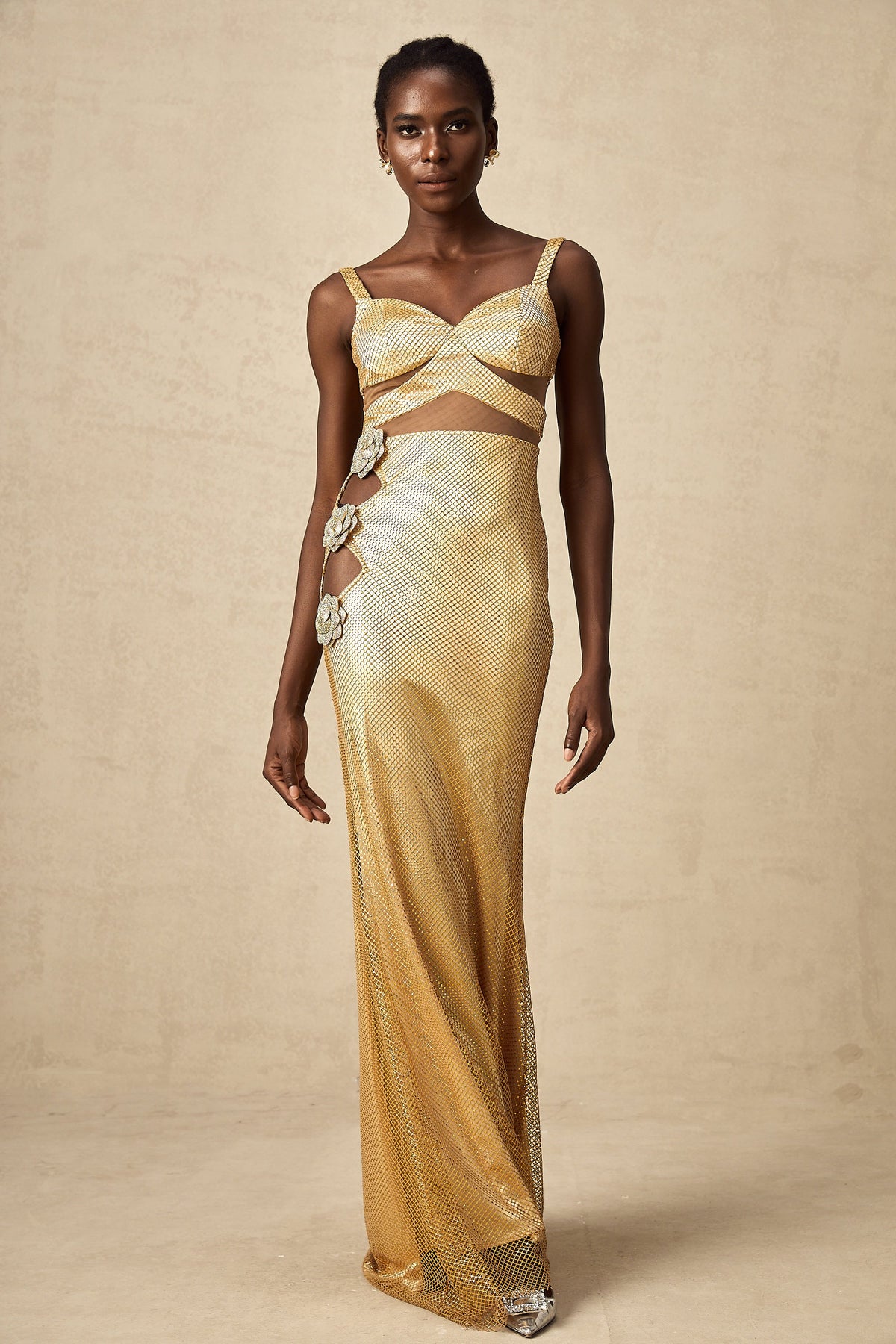 Giulia gold faux-flower cut-out maxi dress