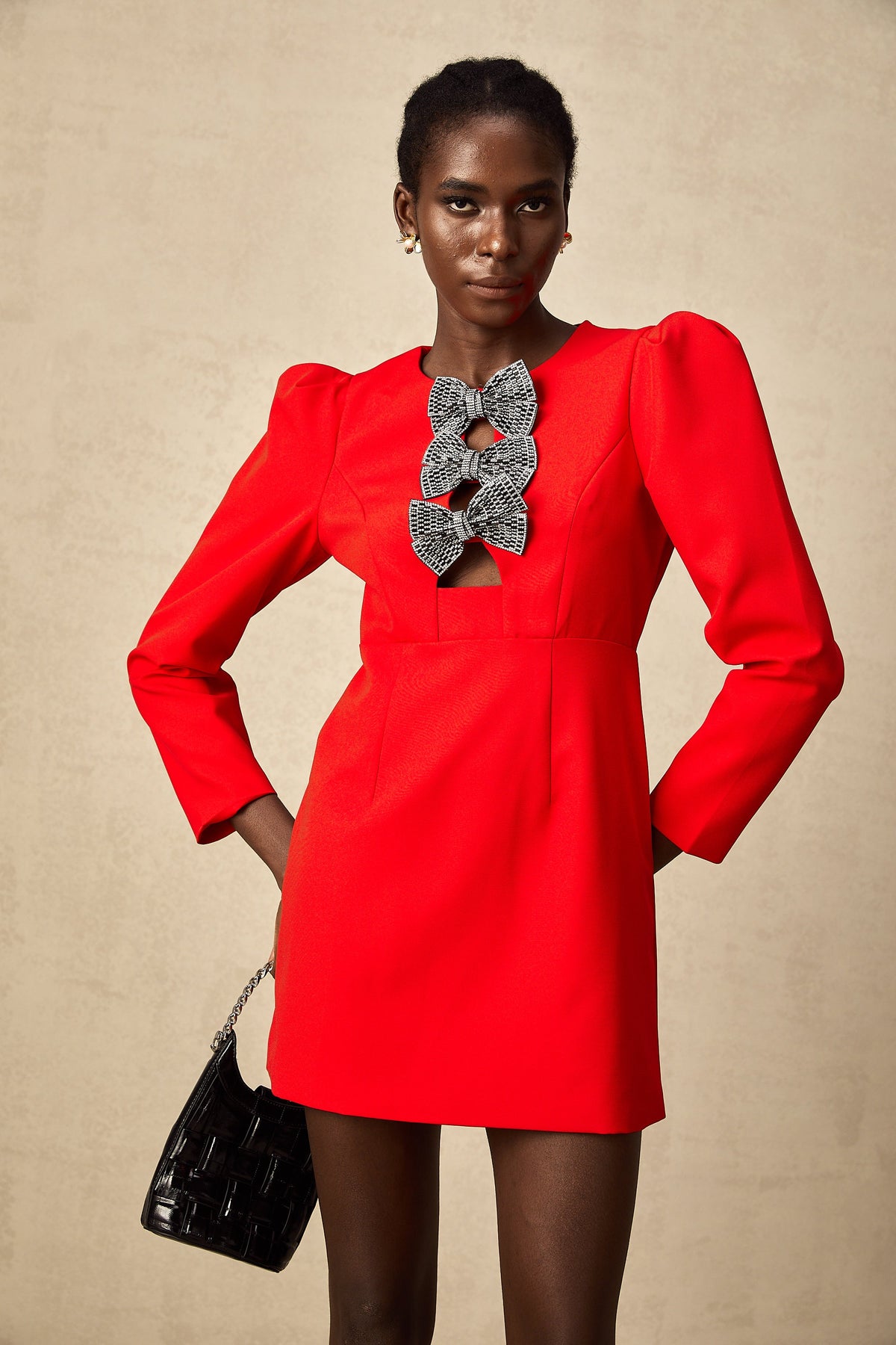Clemence red studded-bow split mini dress