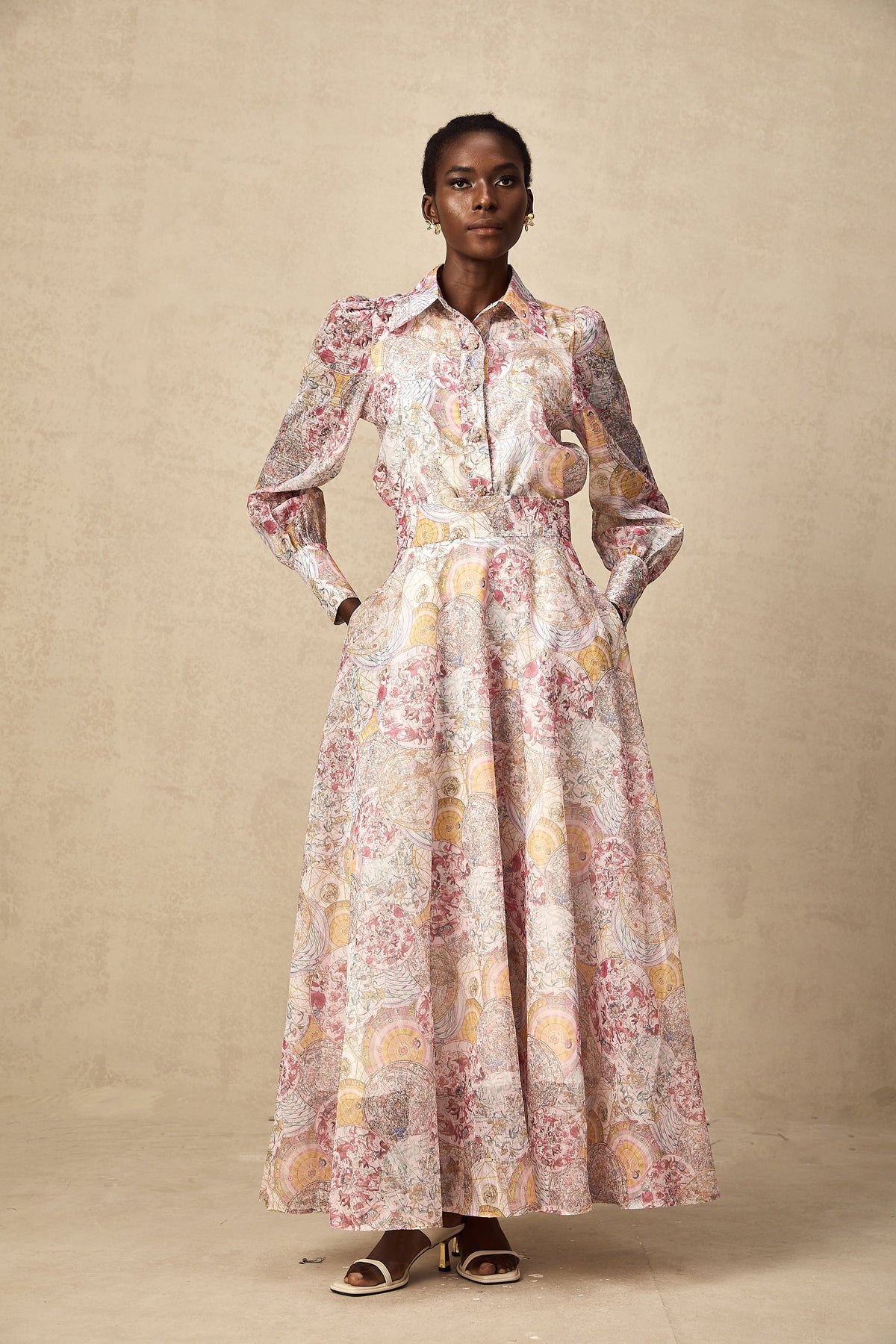 Cherry pink pattern-print shirt & skirt matching set