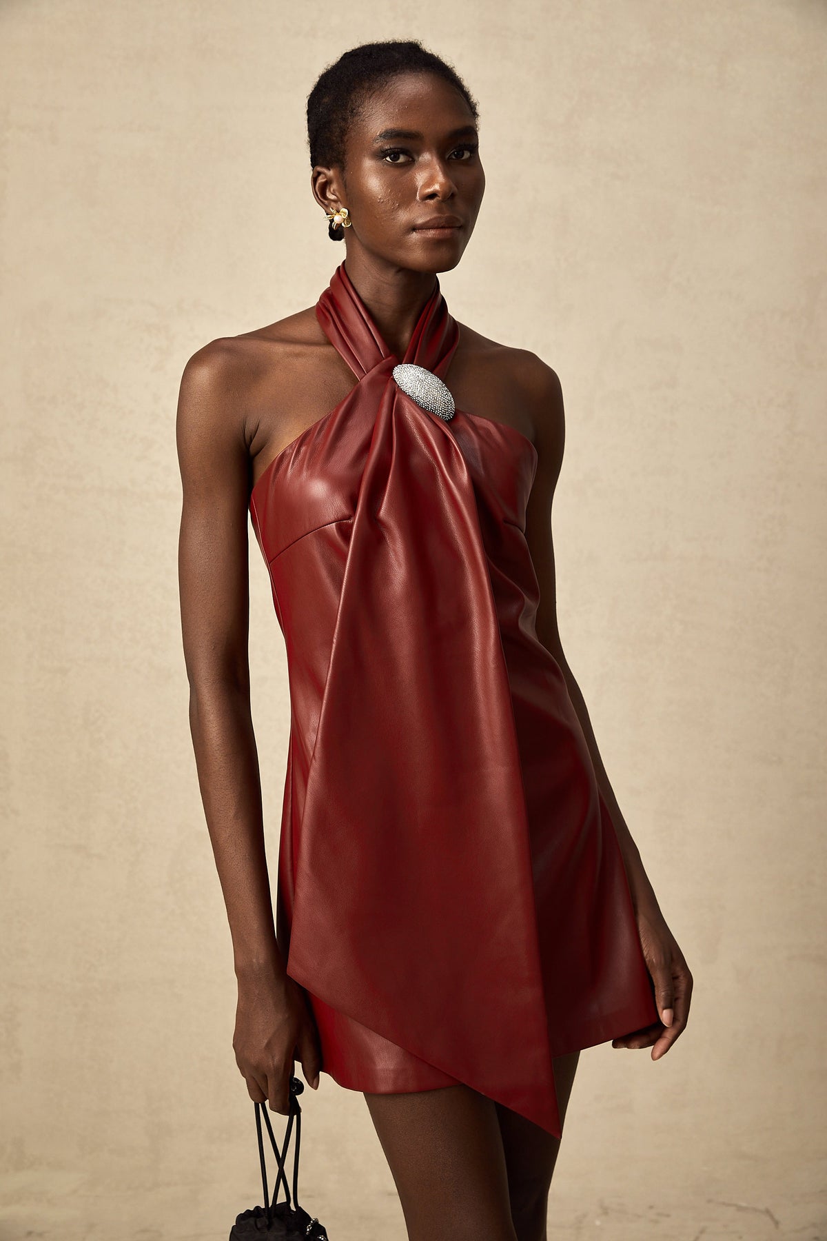 Maxanne red halterneck sheepskin mini dress