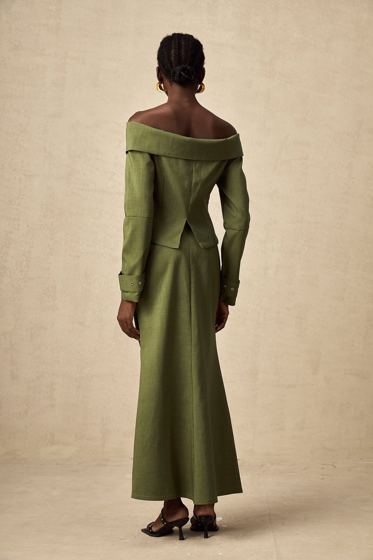 Éléna green asymmetrical-design jacket & skirt matching set