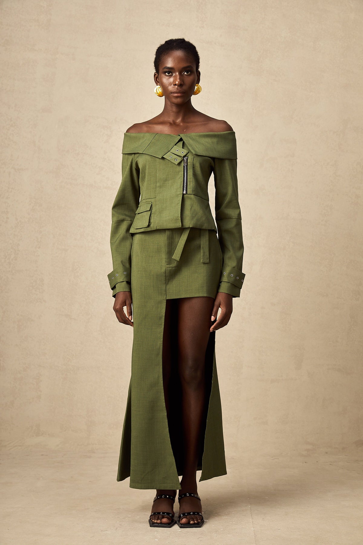Éléna green asymmetrical-design jacket & skirt matching set