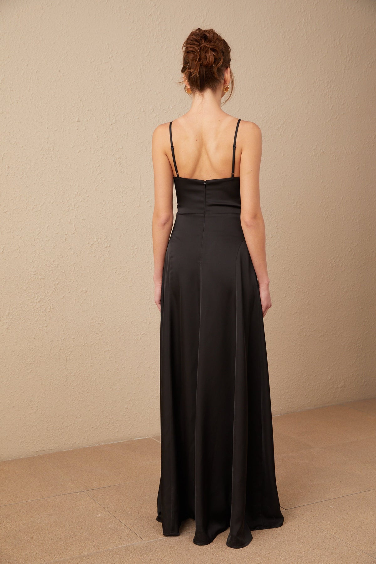 Blanche black satin V-neck front-slit maxi dress (Final Sale)