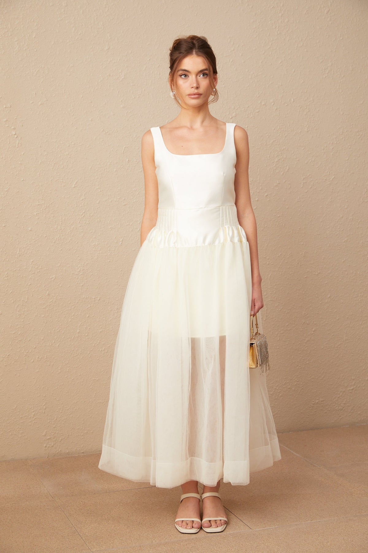 Lucie white satin tulle panelled maxi dress