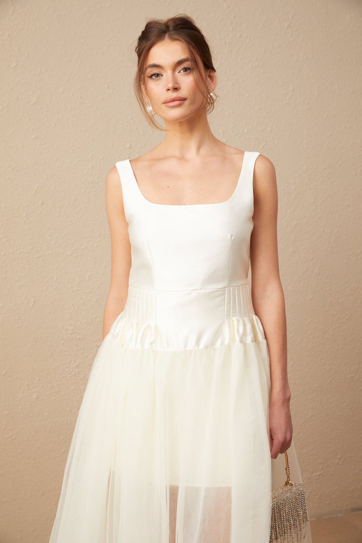 Lucie white satin tulle panelled maxi dress