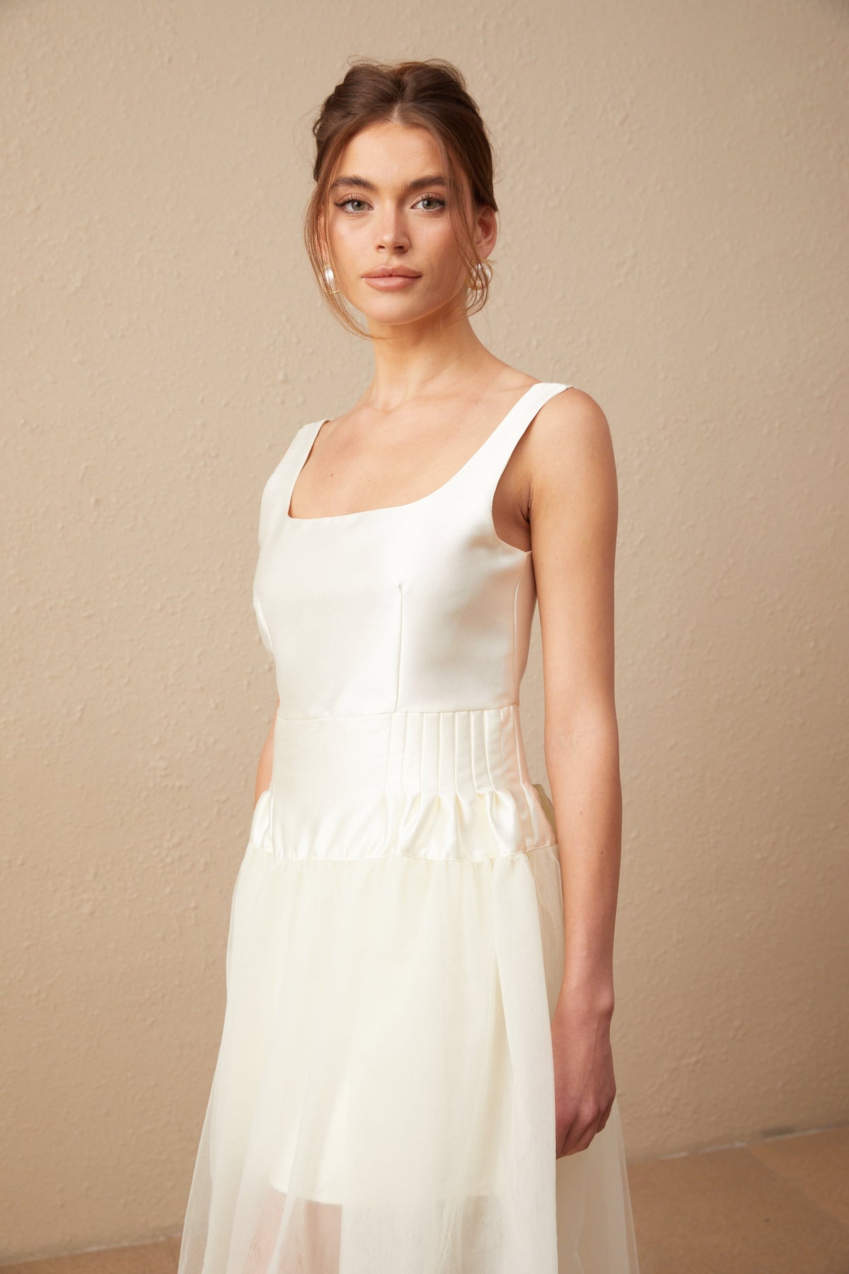 Lucie white satin tulle panelled maxi dress