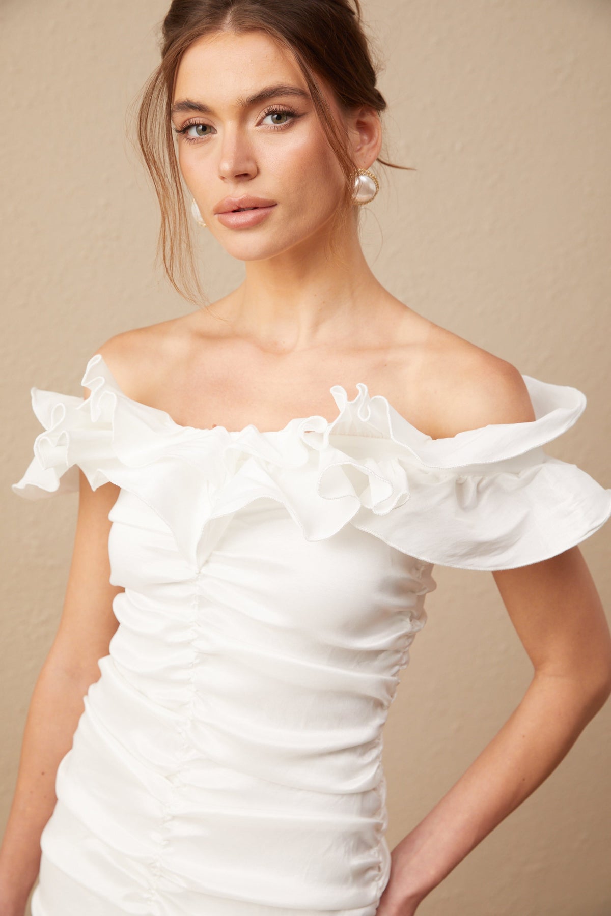 Aïssatou white off-shoulder ruffled mini dress