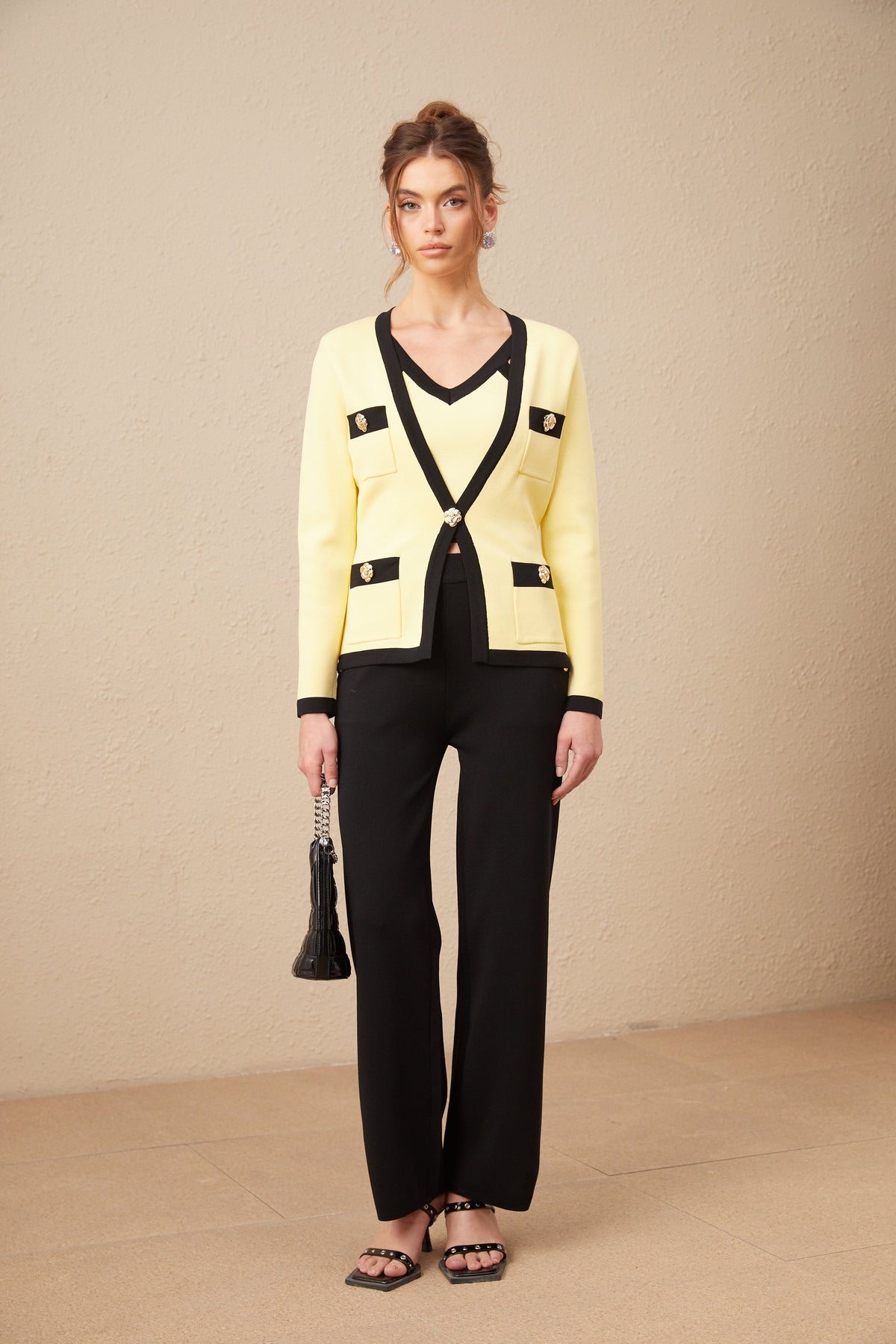 Eloise contrasting-trim knit cardigan & vest & trousers matching set