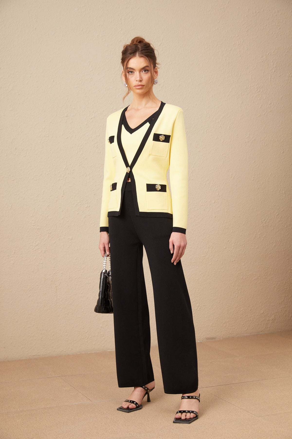 Eloise contrasting-trim knit cardigan & vest & trousers matching set
